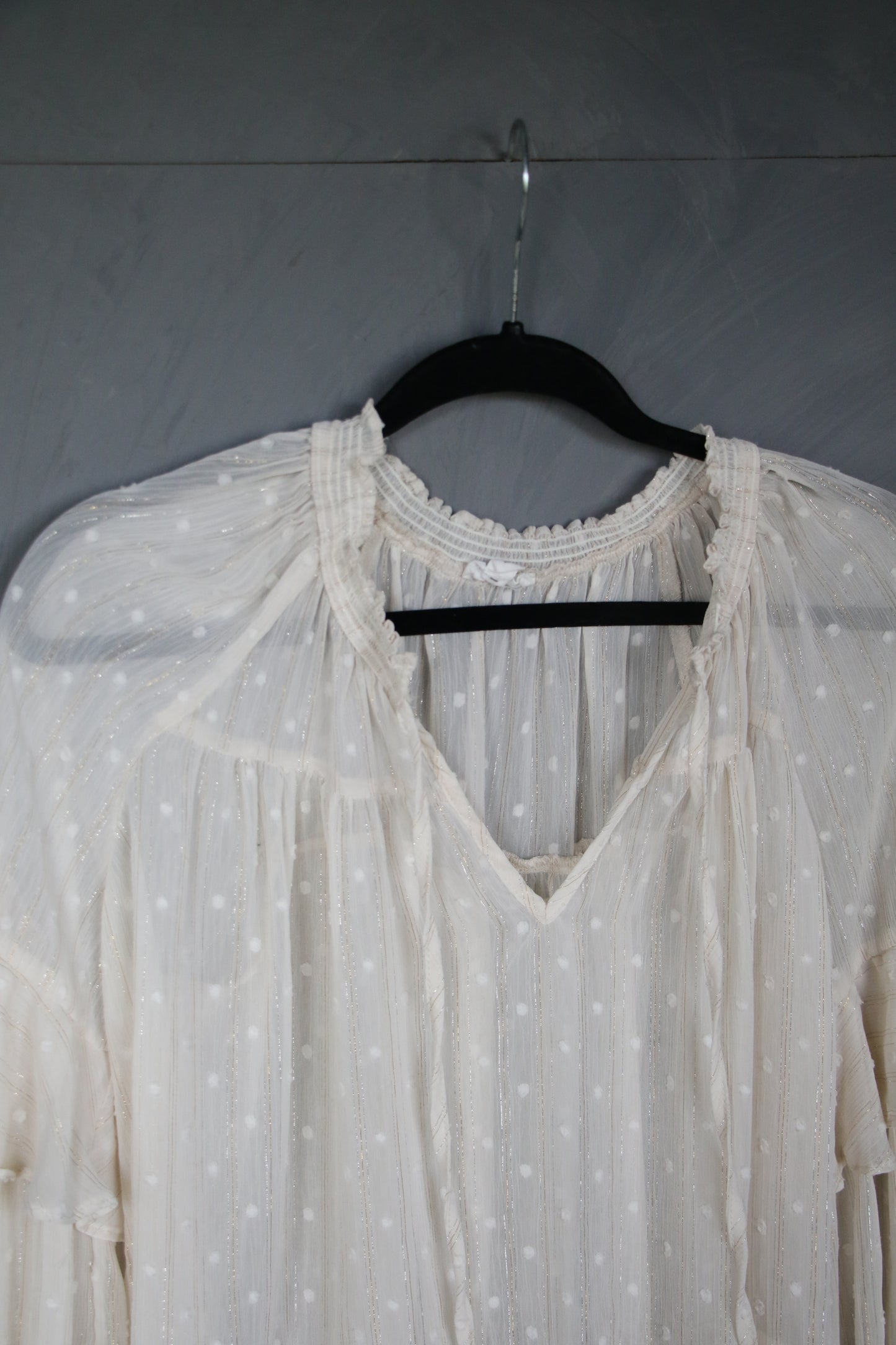 12233 IVORY CHIFFON DOT BOHO STYLE BLOUSE