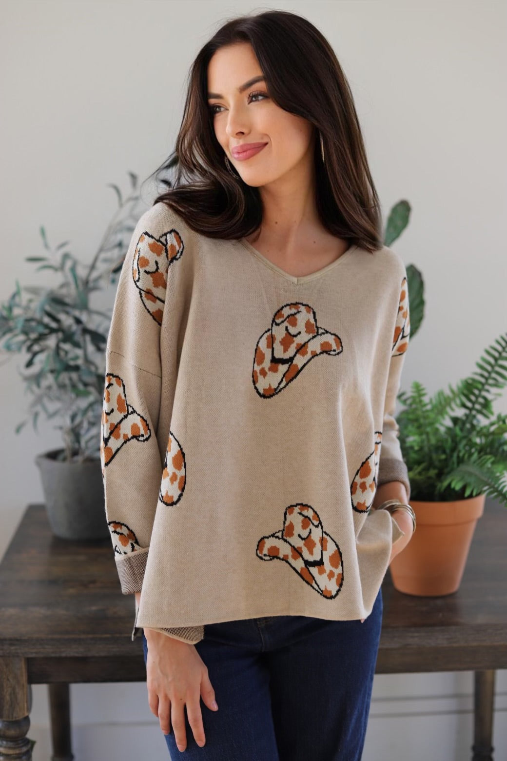 2056 Cheetah Cowboy Hat V-Neck Sweater – Fun & Lightweight