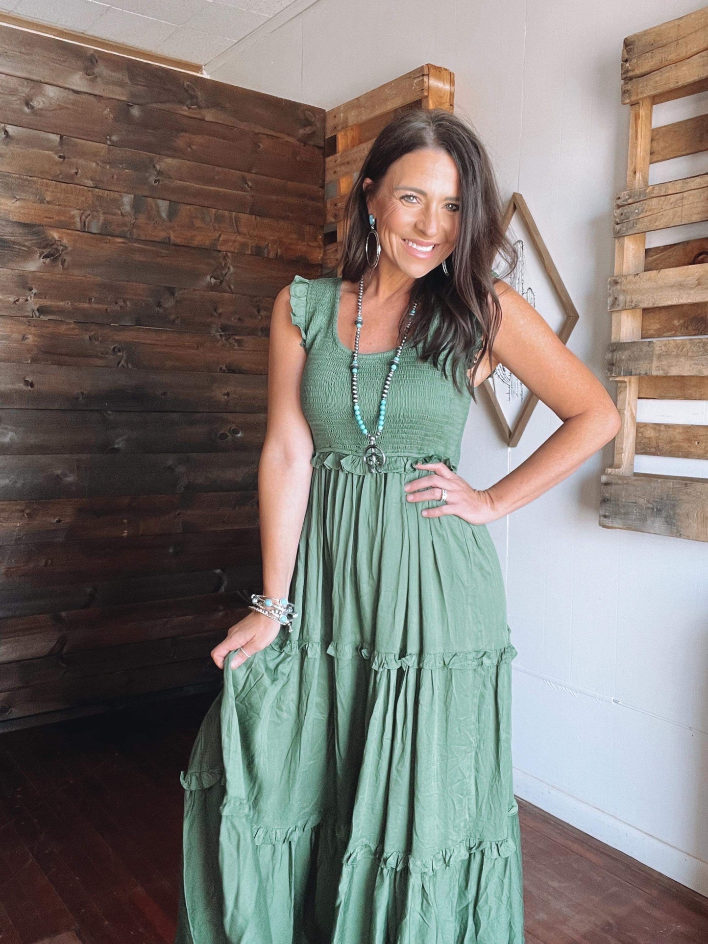 53231 GREEN SMOCKED RUFFLE DRESS