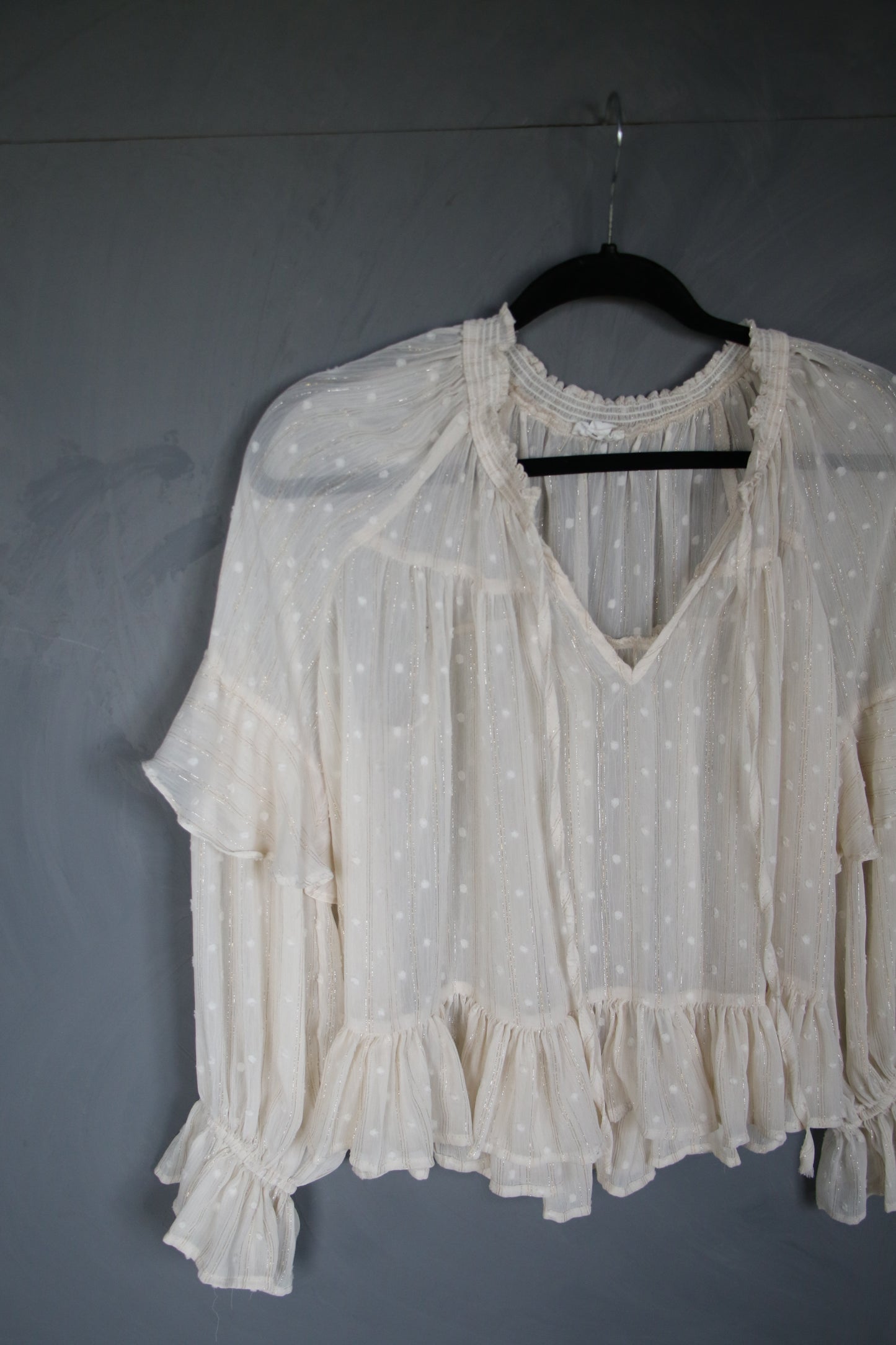 12233 IVORY CHIFFON DOT BOHO STYLE BLOUSE