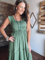 53231 GREEN SMOCKED RUFFLE DRESS