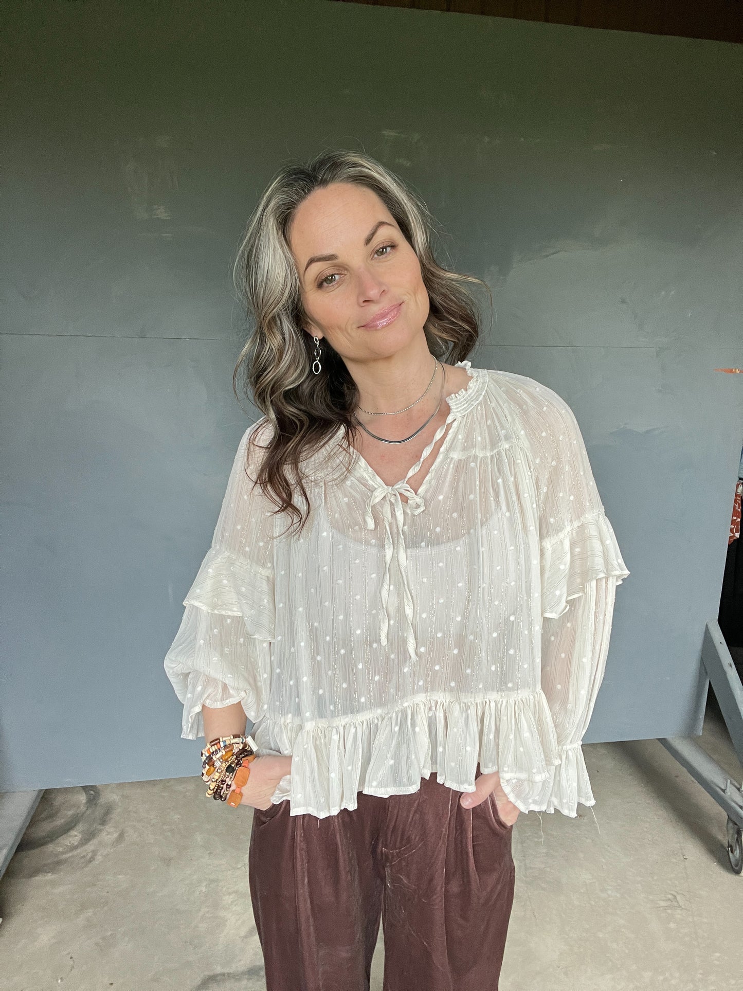 12233 IVORY CHIFFON DOT BOHO STYLE BLOUSE