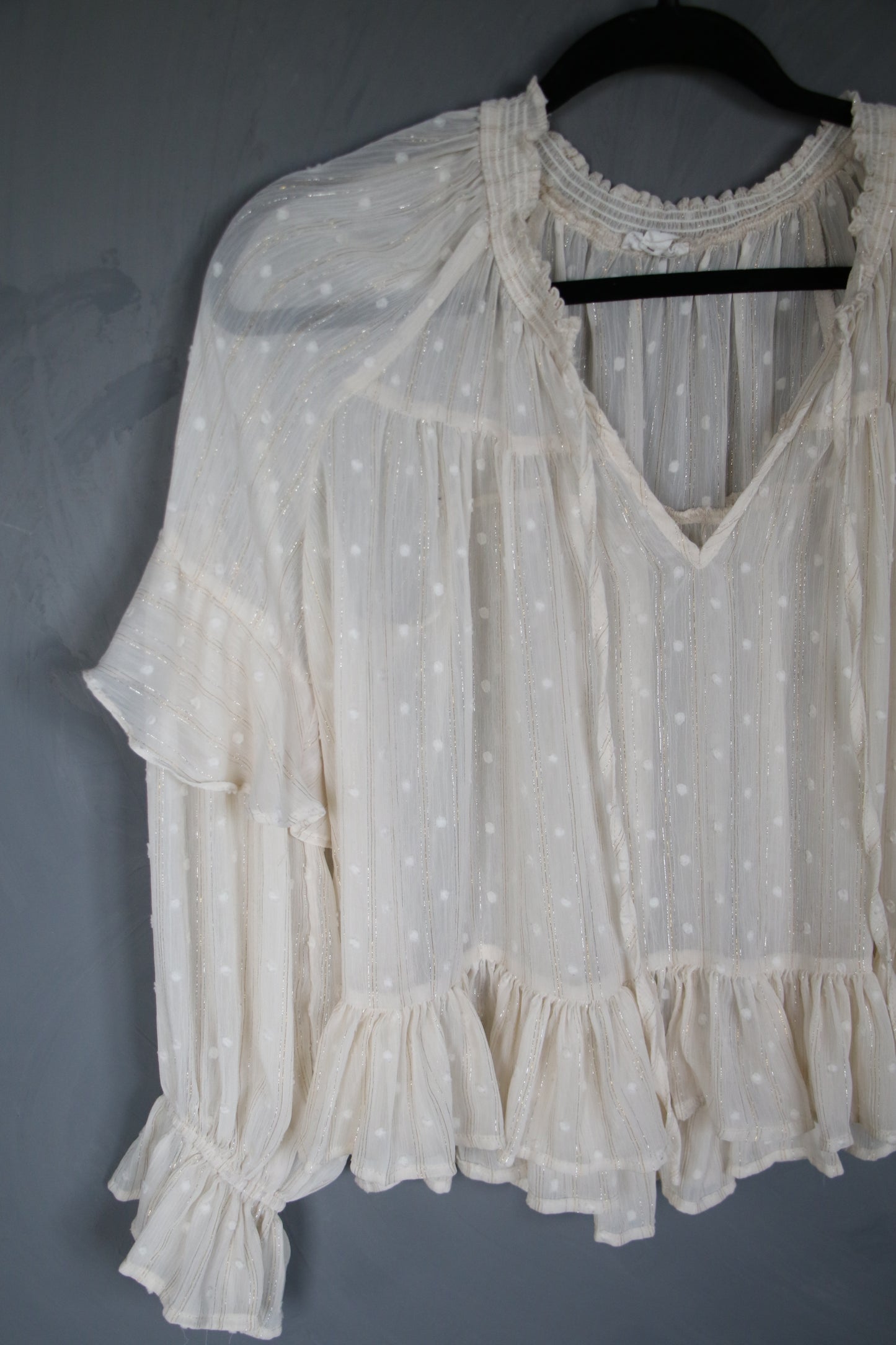 12233 IVORY CHIFFON DOT BOHO STYLE BLOUSE
