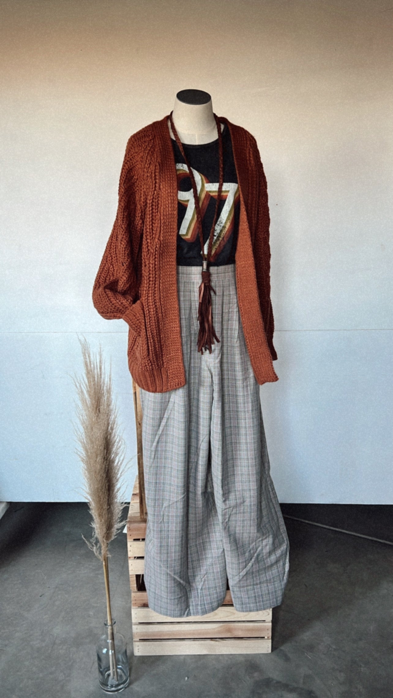 122320 PLAID WIDE LEG PANTS