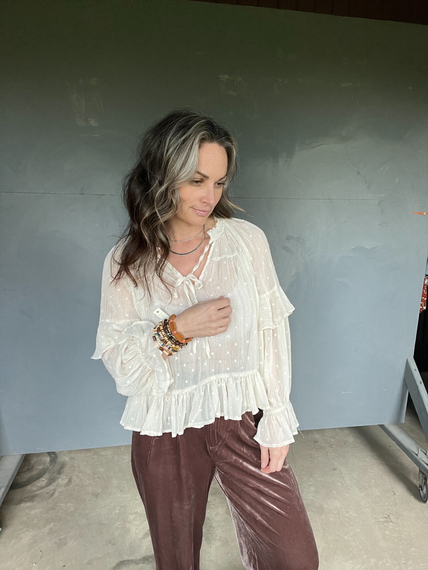 12233 IVORY CHIFFON DOT BOHO STYLE BLOUSE