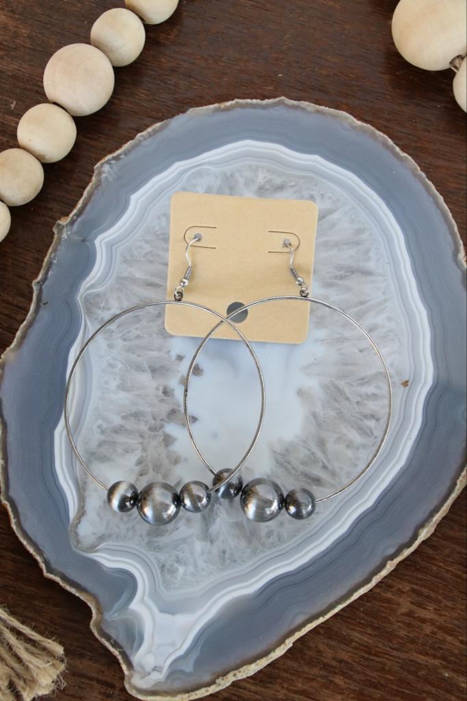 0270 T115 LARGE HOOP EARRINGS WITH FAUX BURNISHED SILVER BEADS