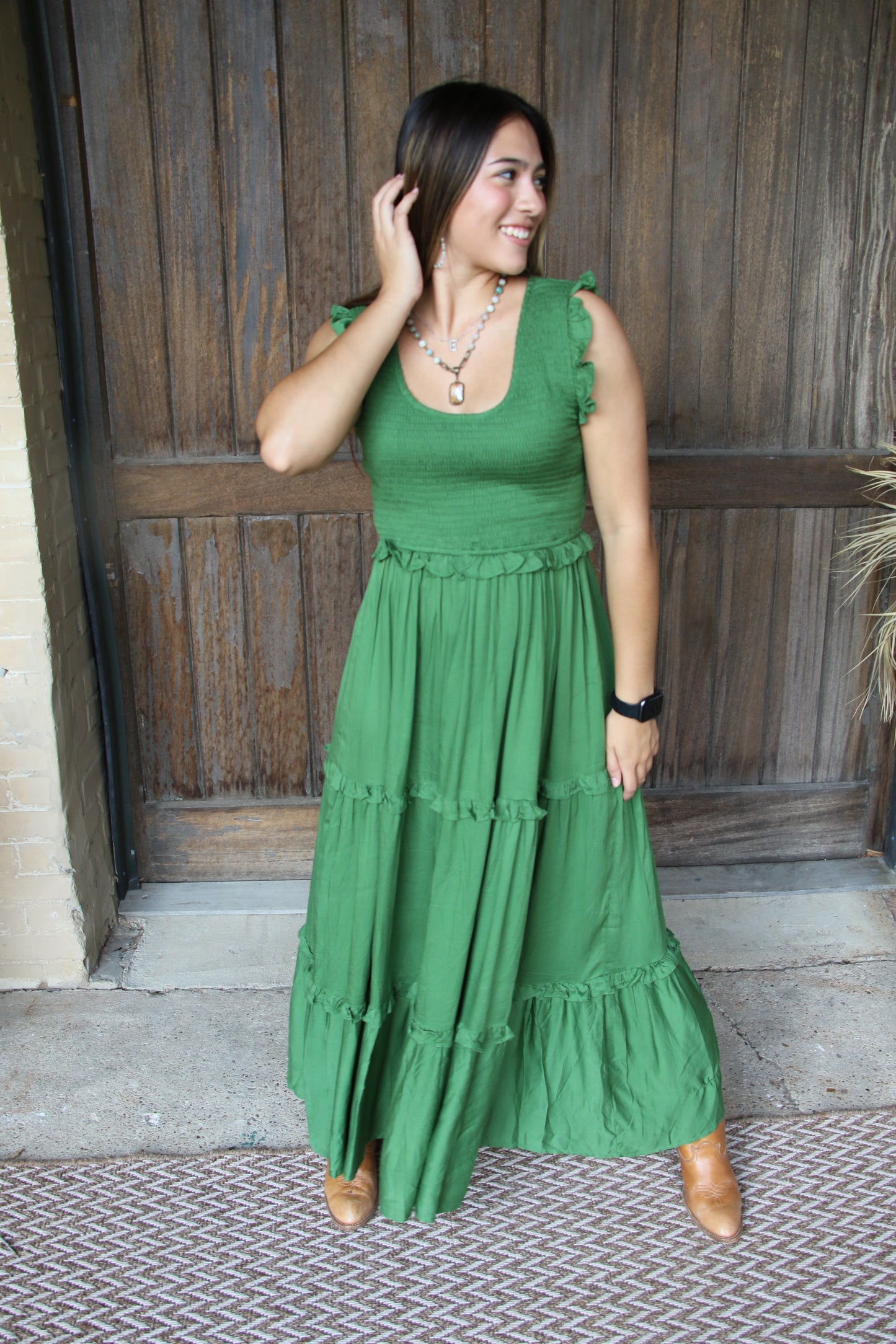 53231 GREEN SMOCKED RUFFLE DRESS