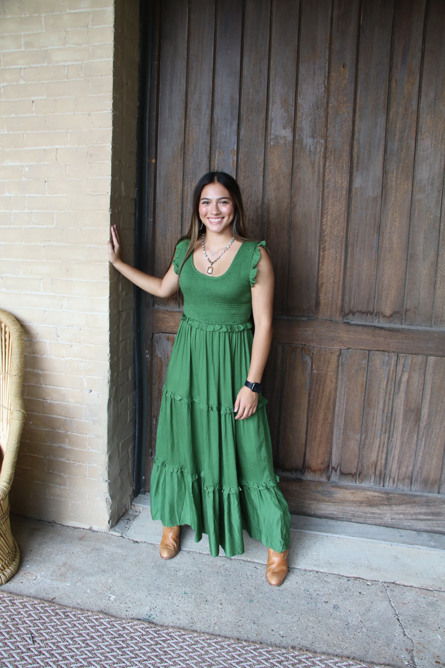 53231 GREEN SMOCKED RUFFLE DRESS
