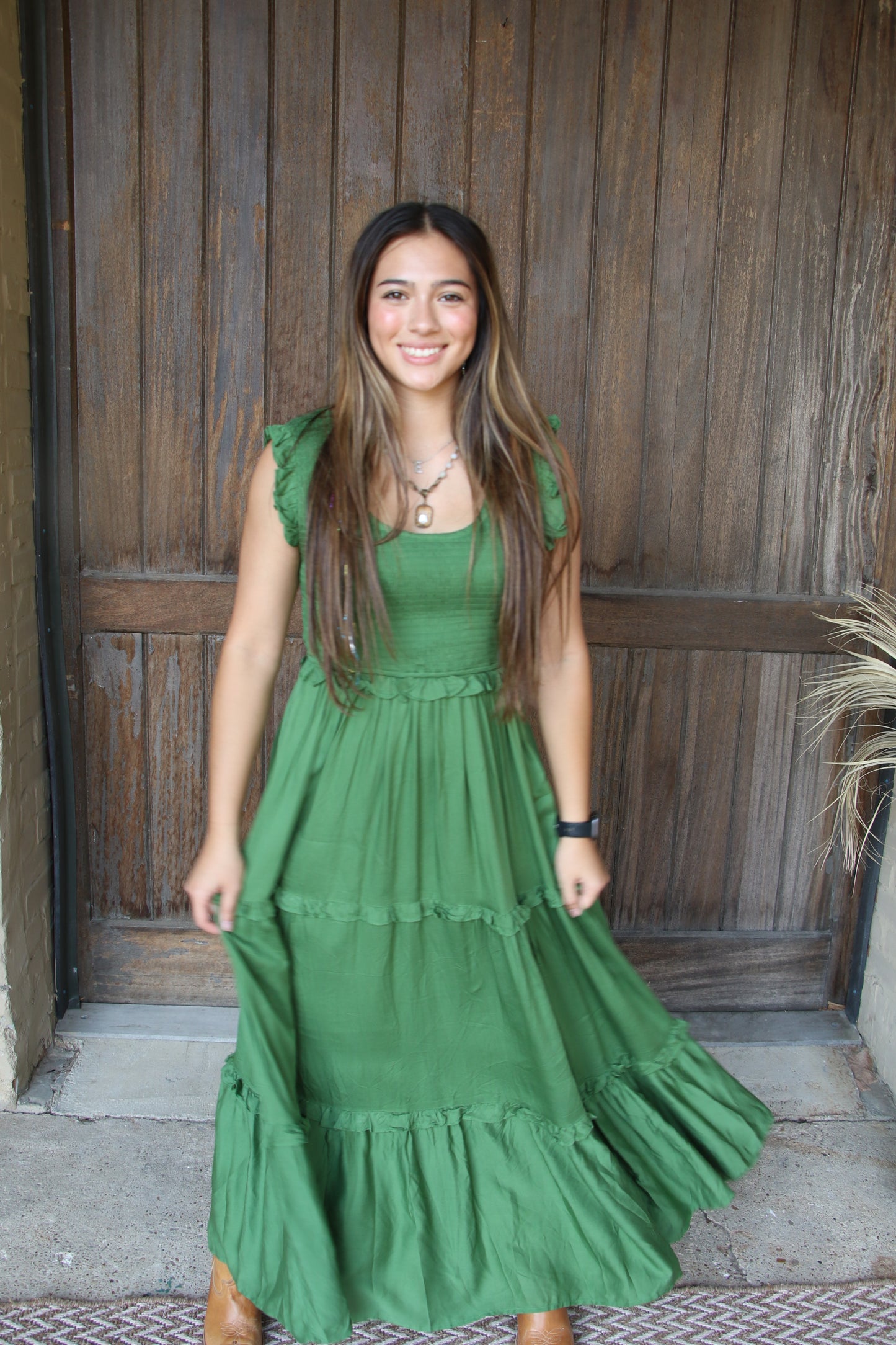 53231 GREEN SMOCKED RUFFLE DRESS