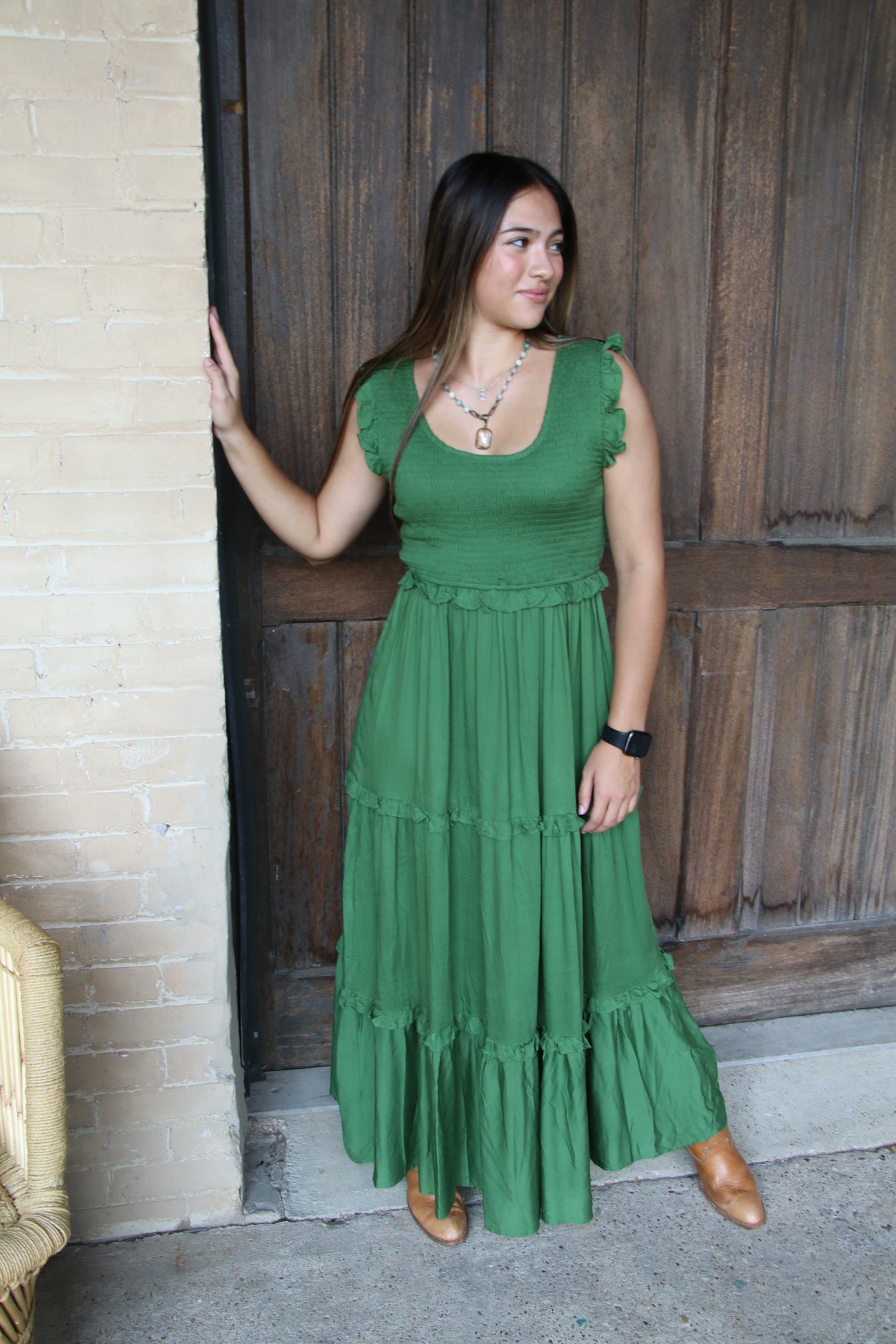 53231 GREEN SMOCKED RUFFLE DRESS