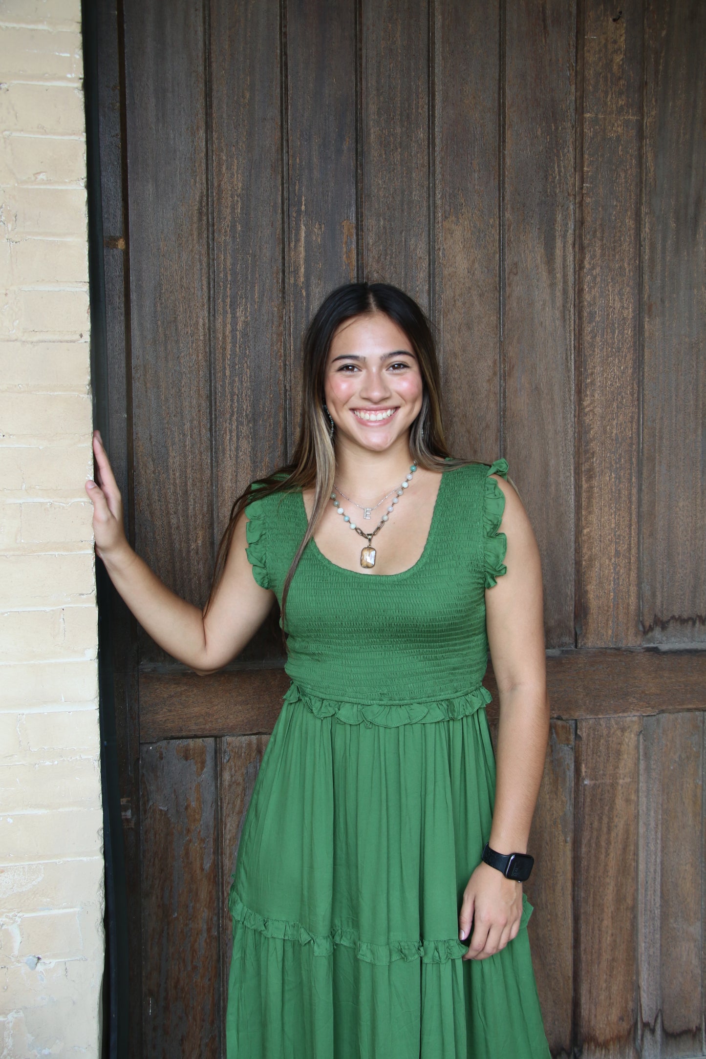 53231 GREEN SMOCKED RUFFLE DRESS