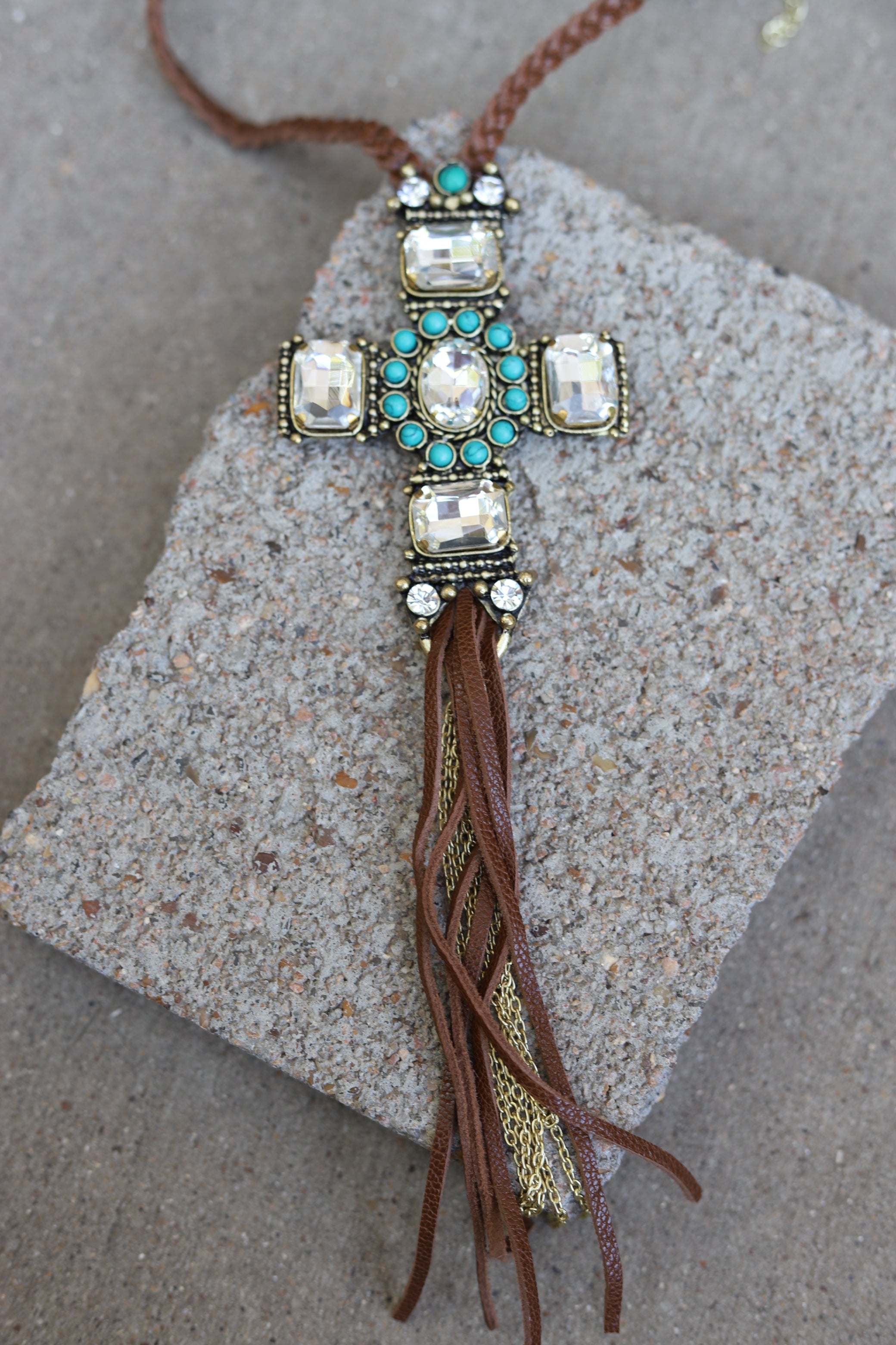 CRYSTAL CROSS BRAIDED NECKLACE