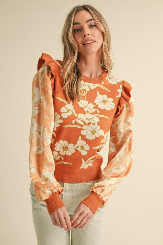 10750 Floral Mixed Media Sweater Top