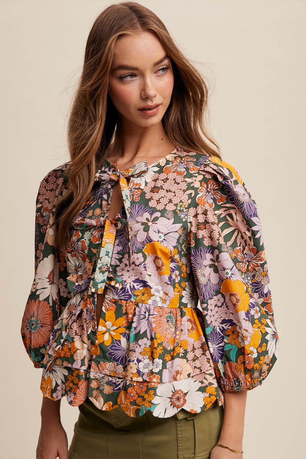 1373 Floral Print Tie Front Puff Sleeve Blouse