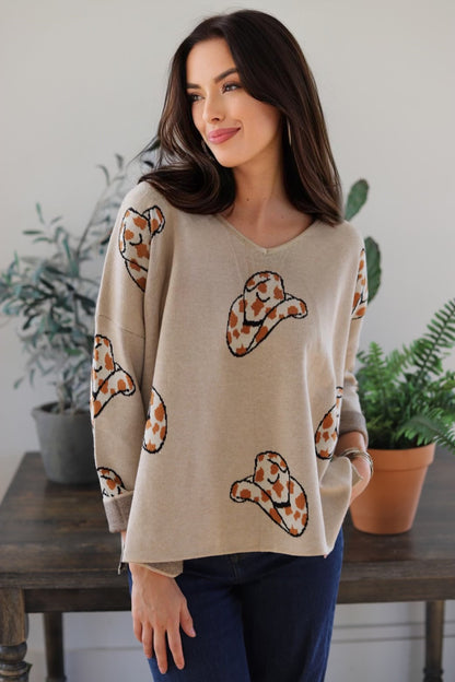 2056 Cheetah Cowboy Hat V-Neck Sweater – Fun & Lightweight