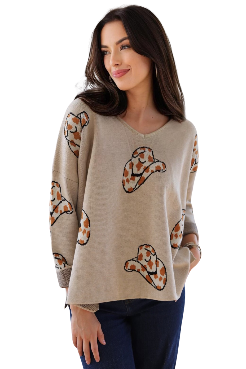 2056 Cheetah Cowboy Hat V-Neck Sweater – Fun & Lightweight