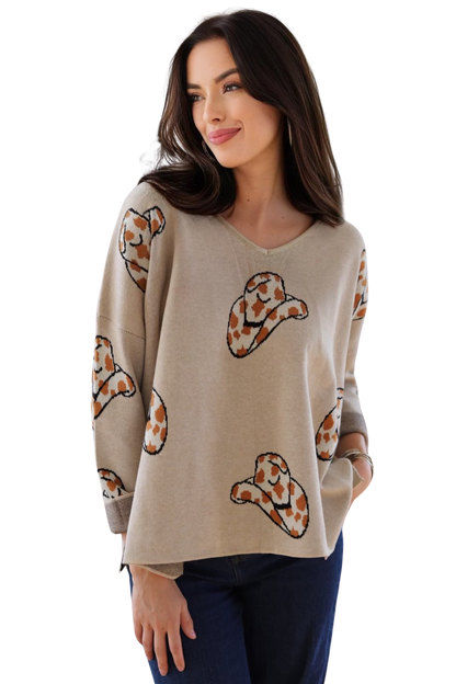 2056 Cheetah Cowboy Hat V-Neck Sweater – Fun & Lightweight