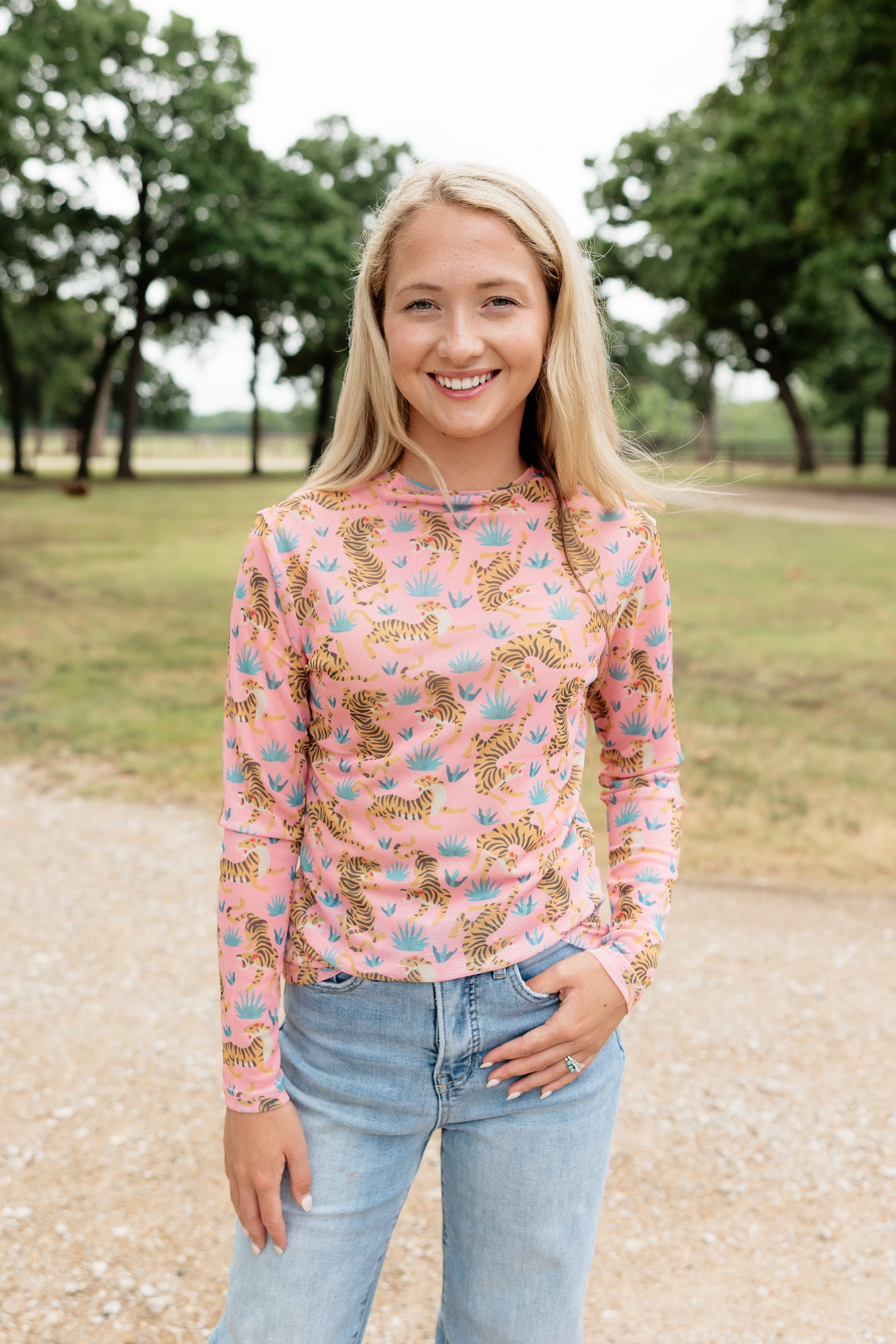 Pink Floral Tiger Mesh Top