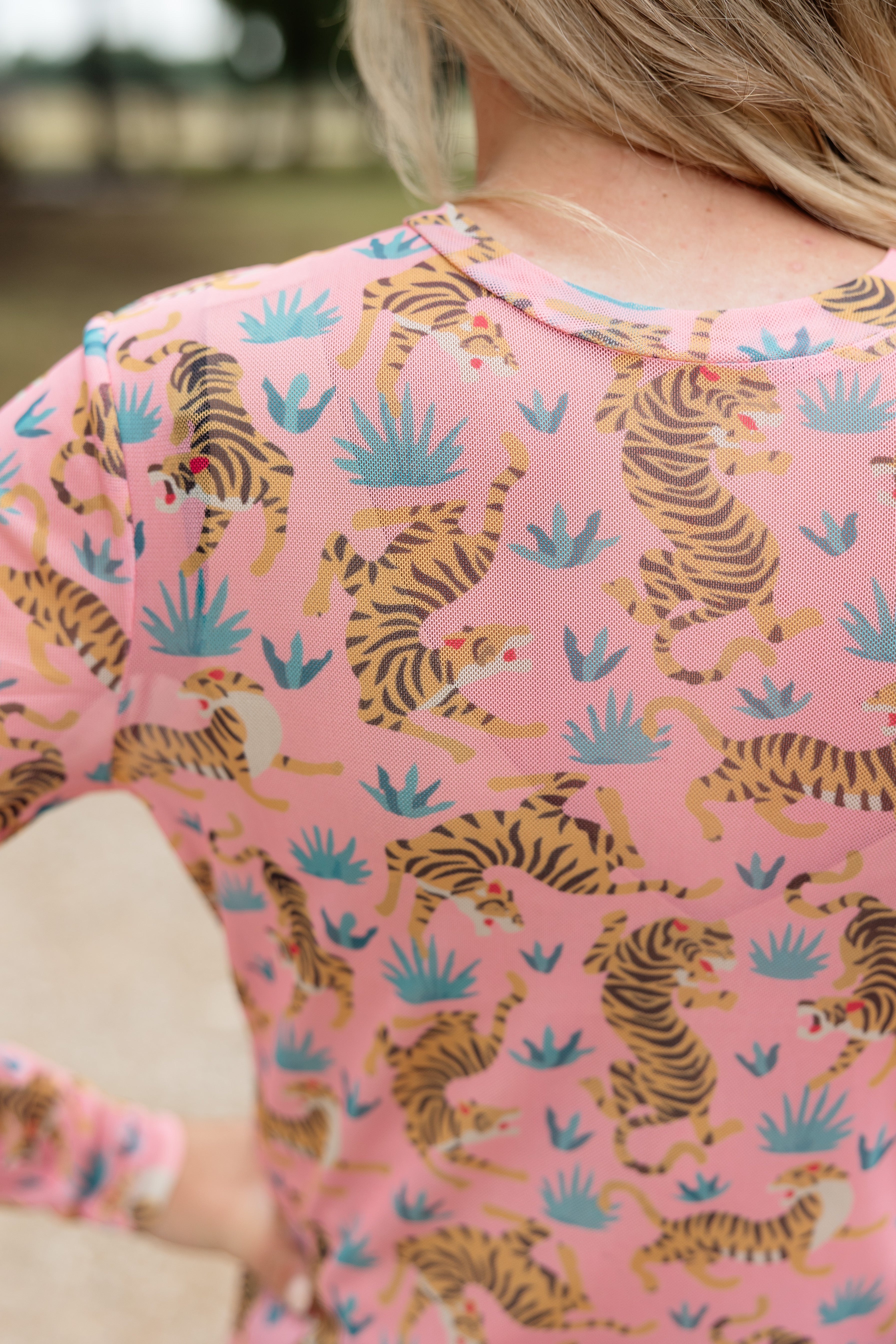 Pink Floral Tiger Mesh Top