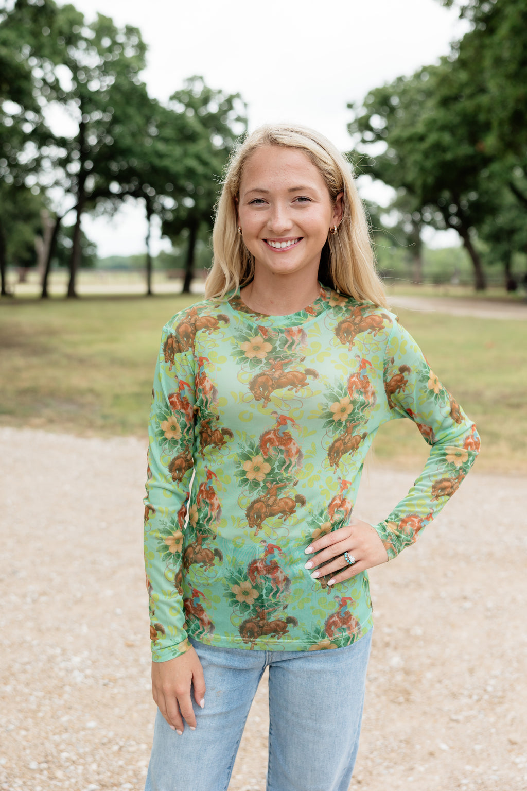 Green Floral Cowboy Mesh Top