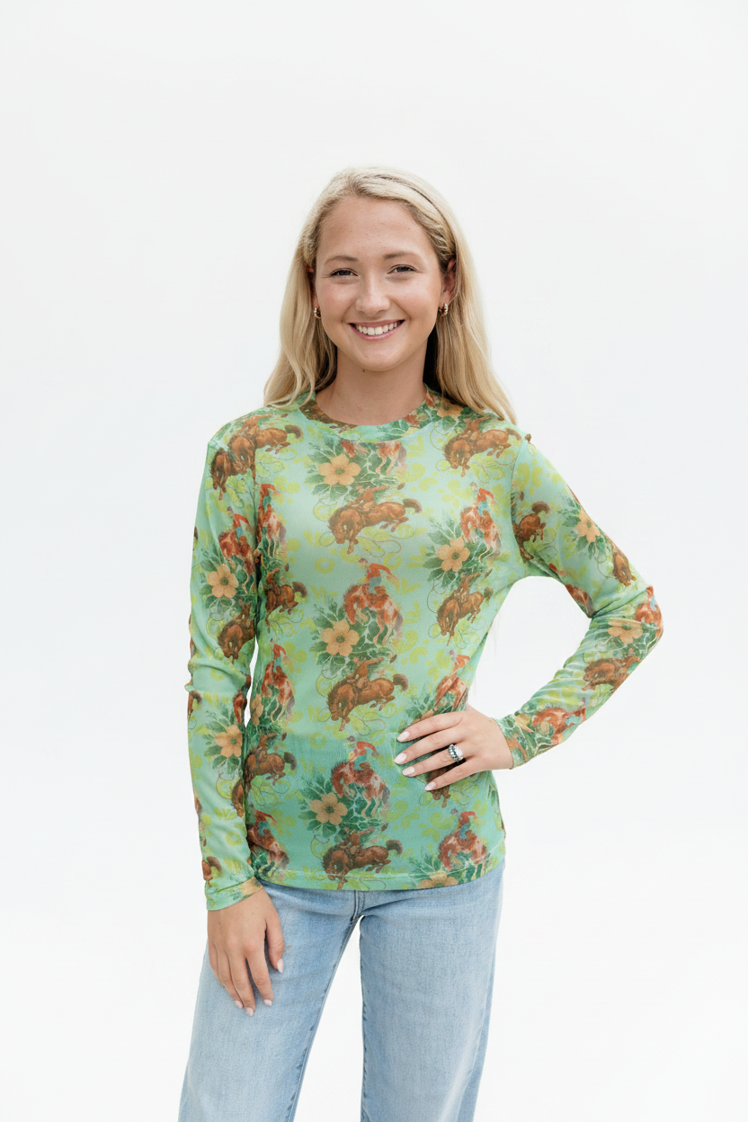 Green Floral Cowboy Mesh Top