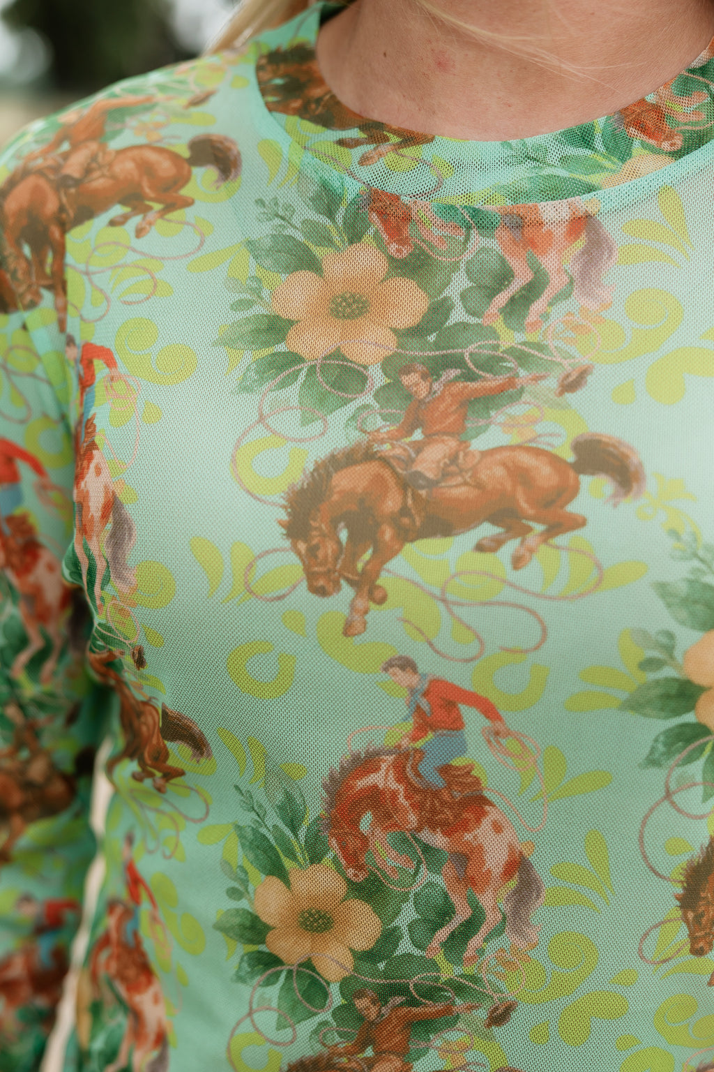 Green Floral Cowboy Mesh Top