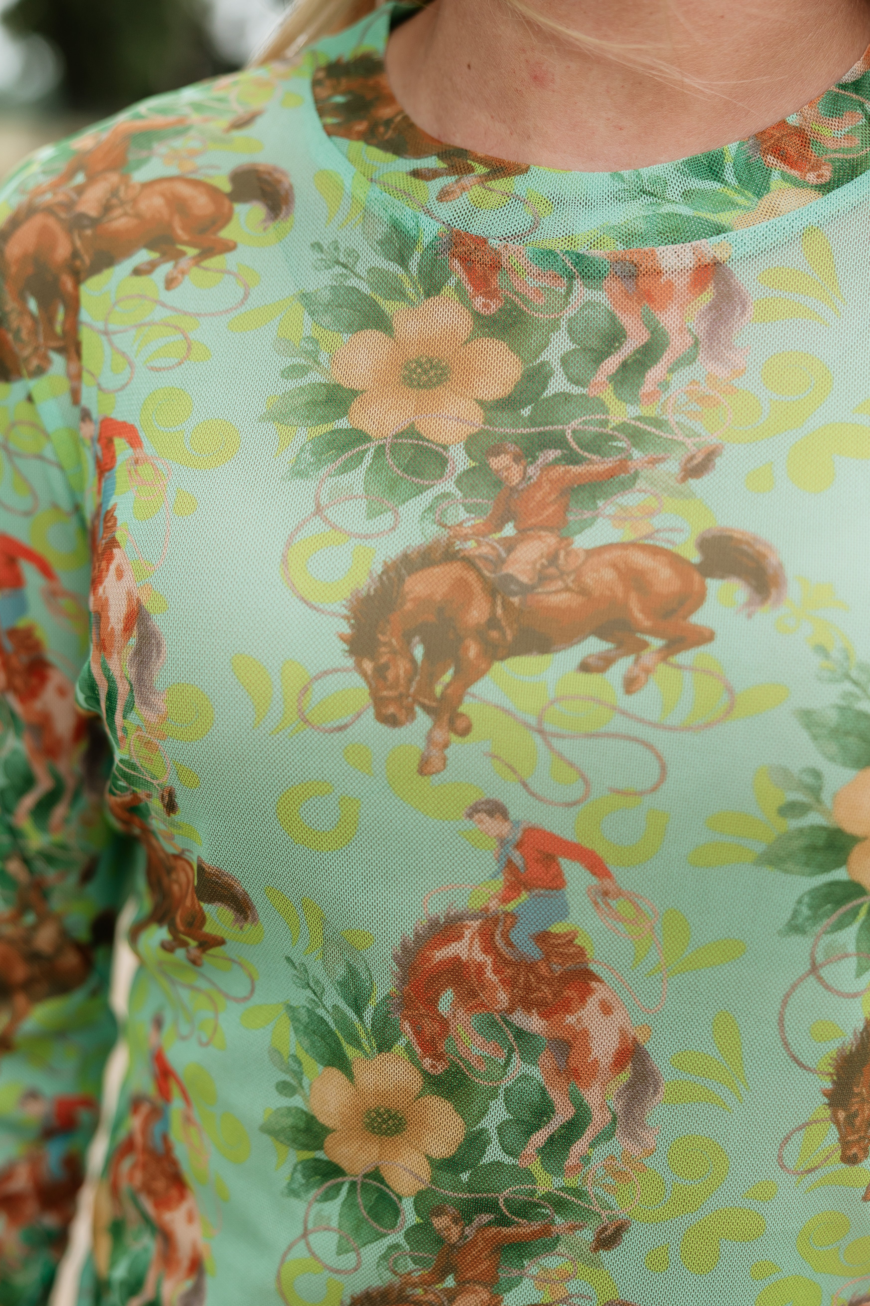 Green Floral Cowboy Mesh Top