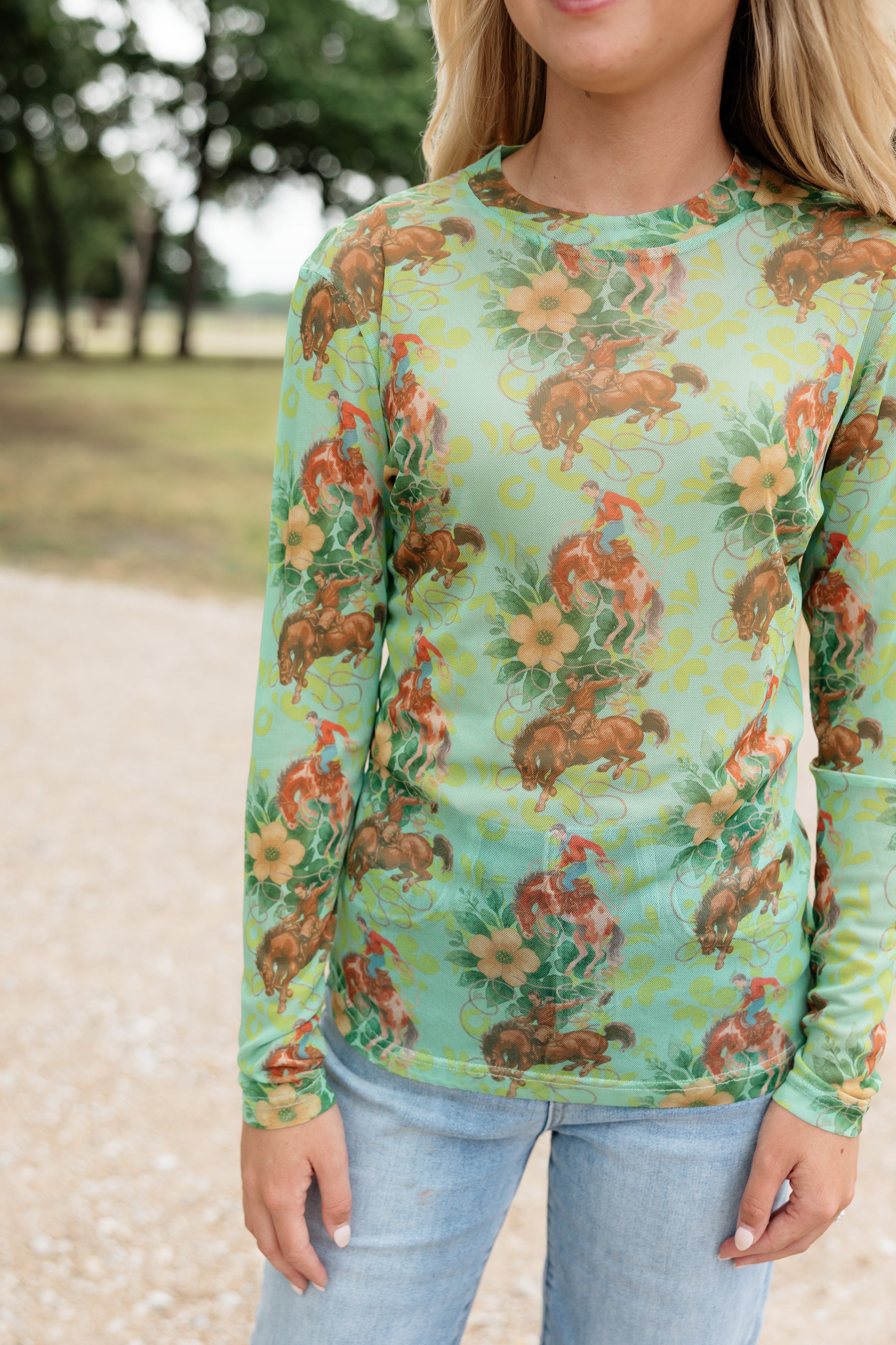 Green Floral Cowboy Mesh Top