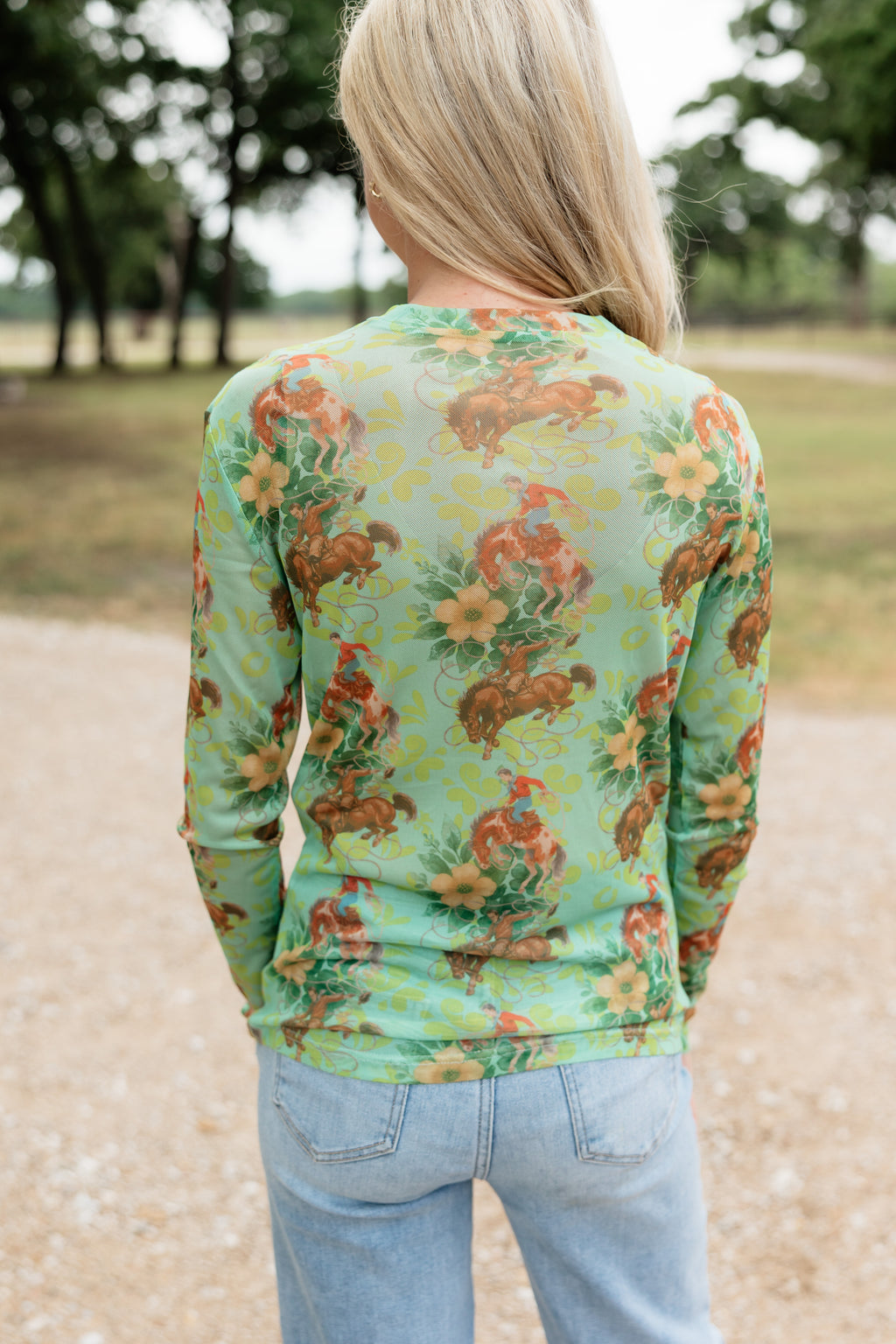 Green Floral Cowboy Mesh Top