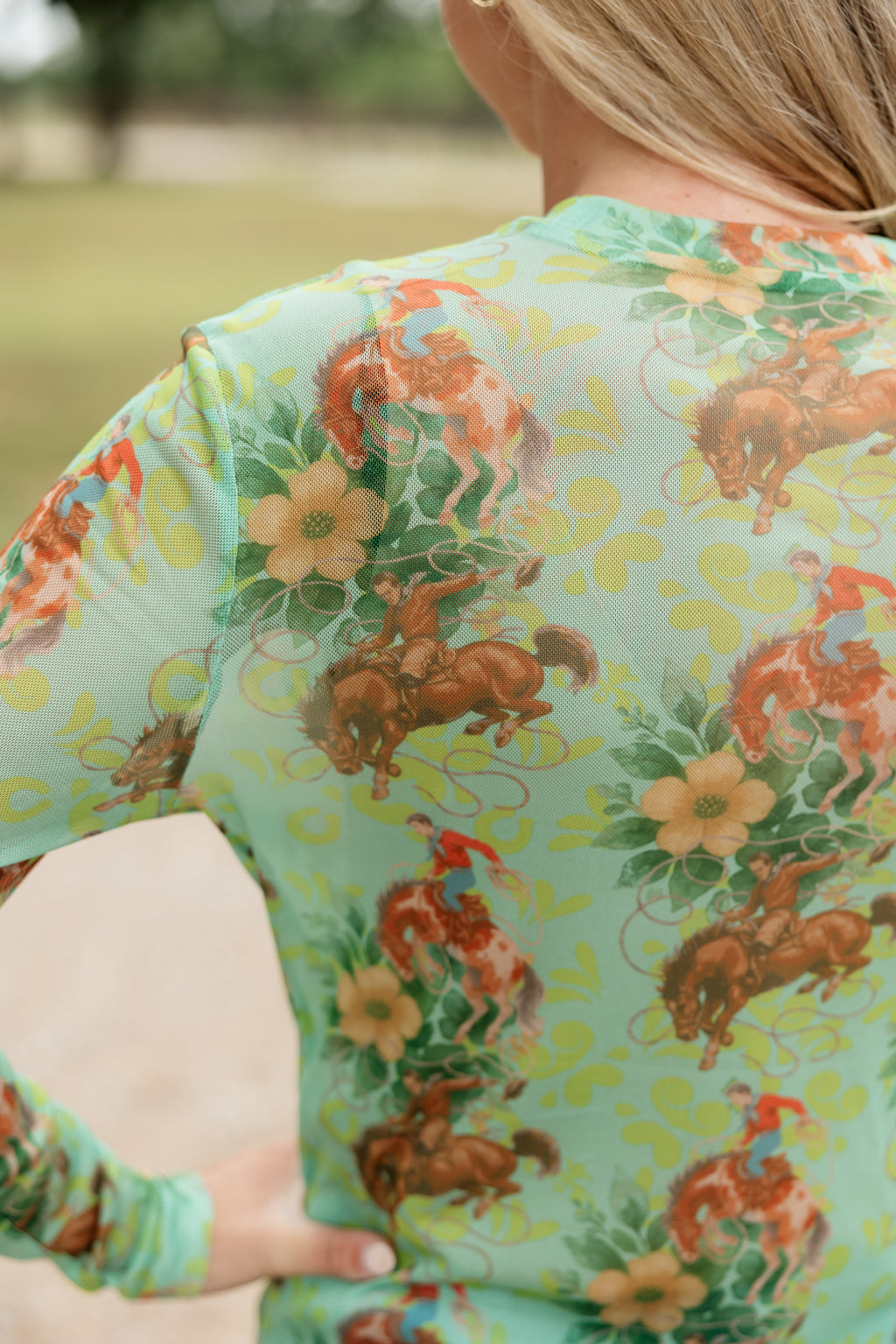 Green Floral Cowboy Mesh Top