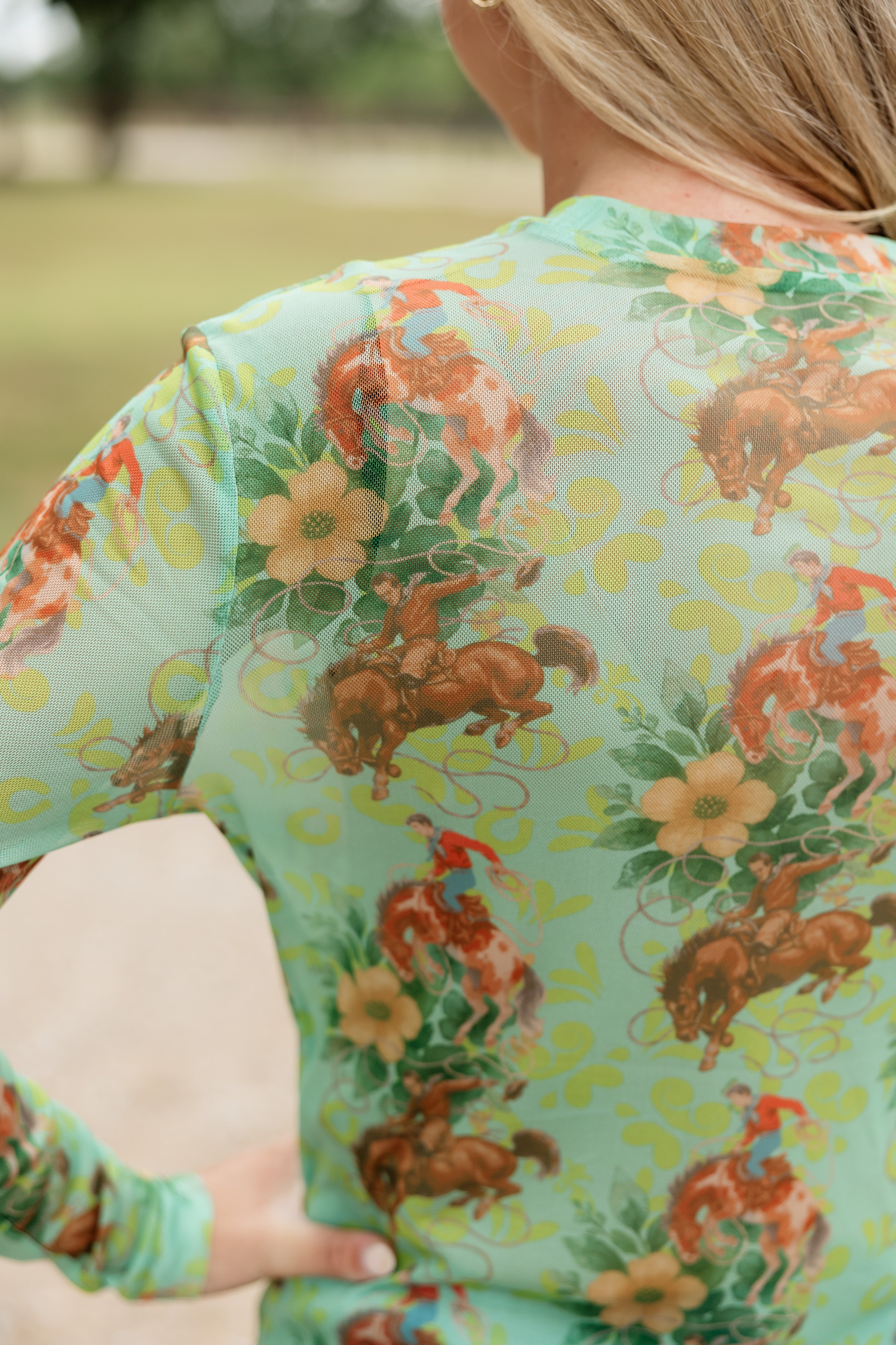 Green Floral Cowboy Mesh Top