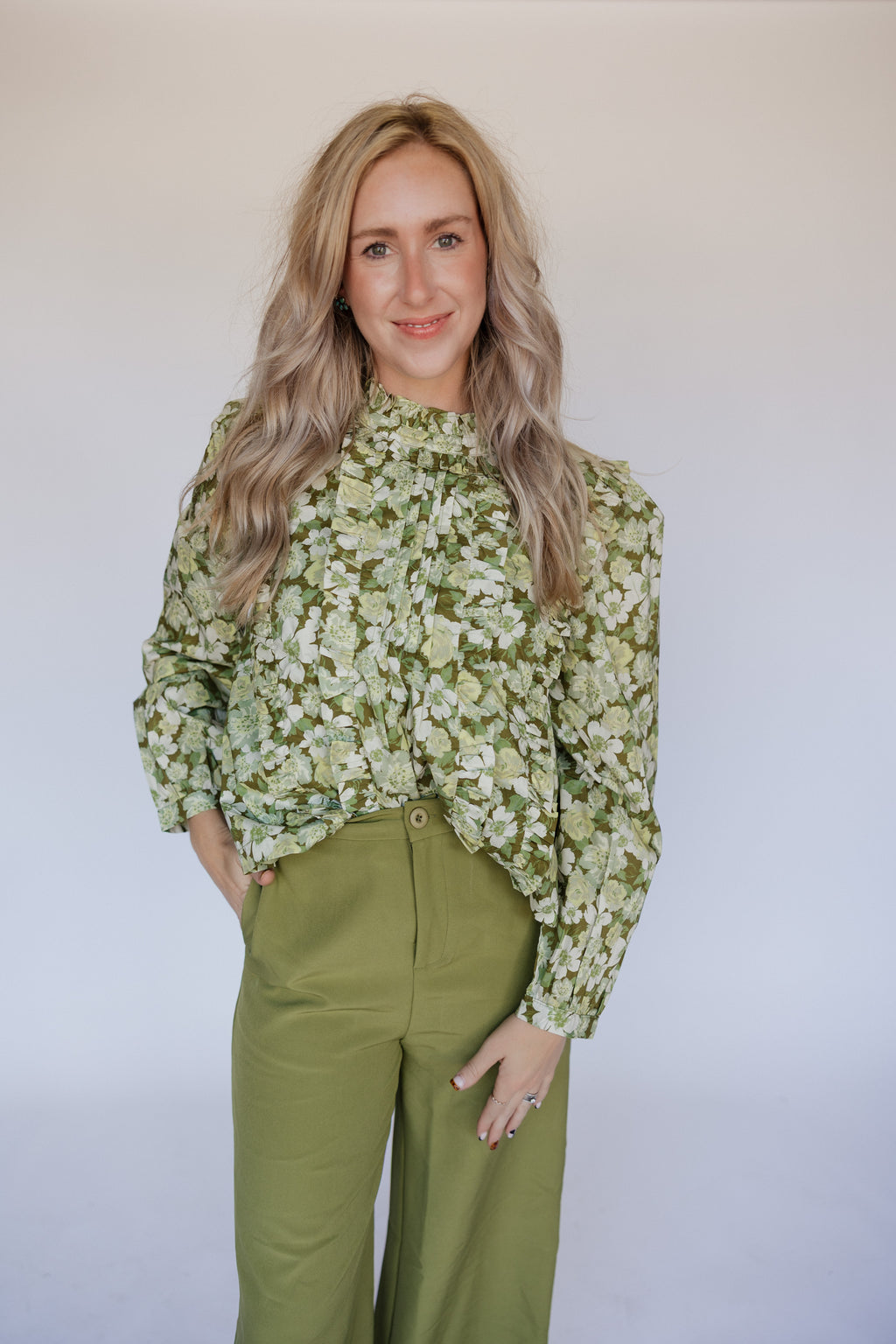 GREEN FLORAL HIGH NECK BLOUSE