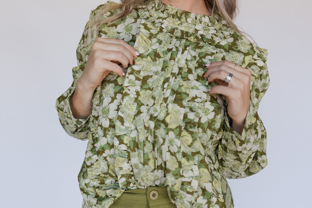GREEN FLORAL HIGH NECK BLOUSE