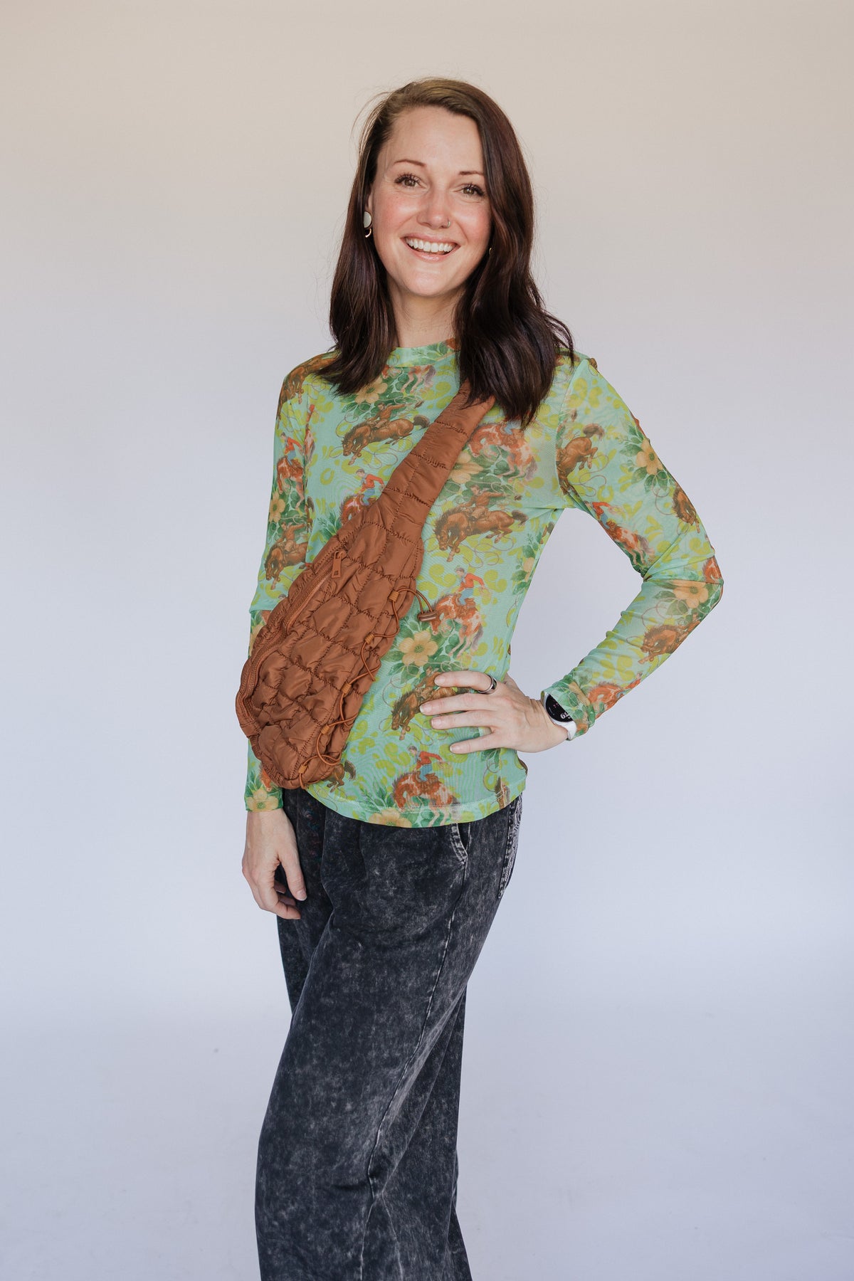 Green Floral Cowboy Mesh Top