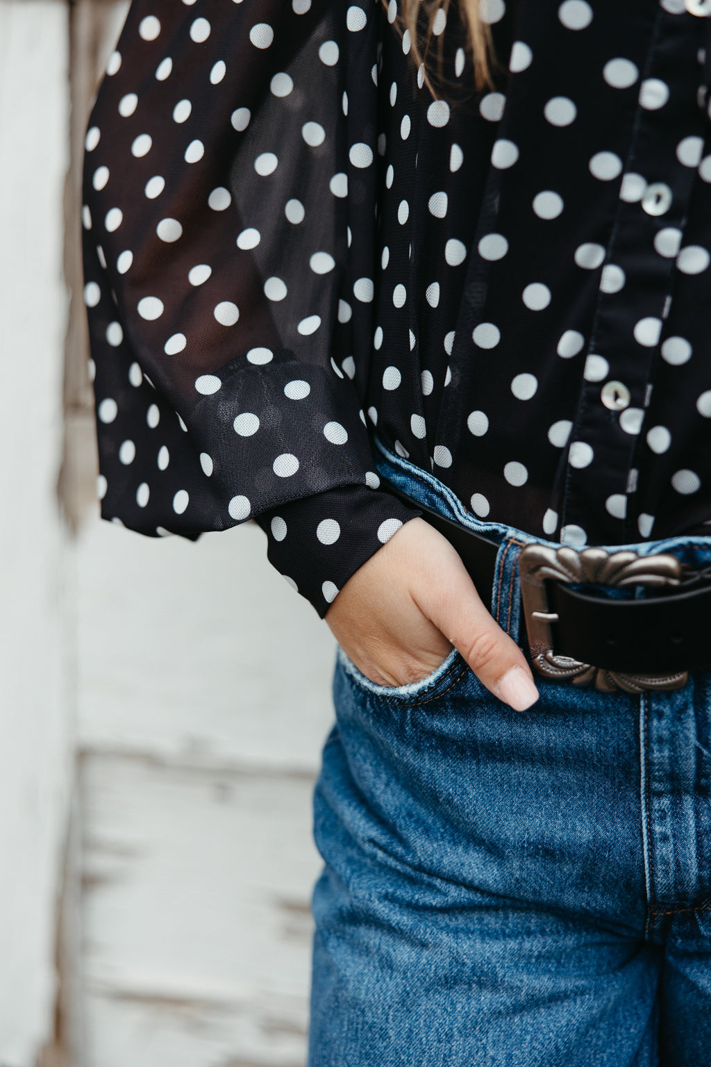 Black Polka Dot Mesh Blouse
