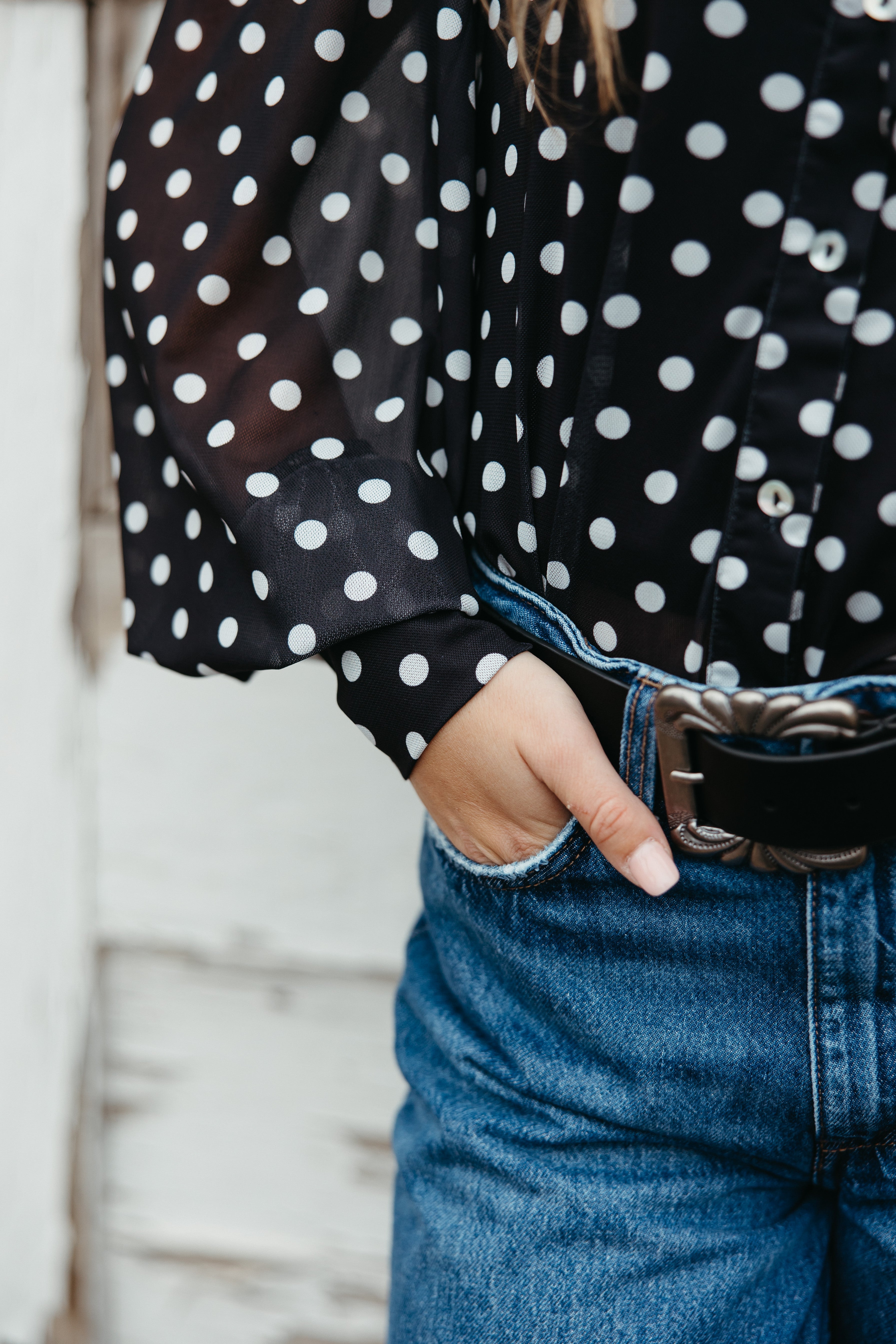 Black Polka Dot Mesh Blouse