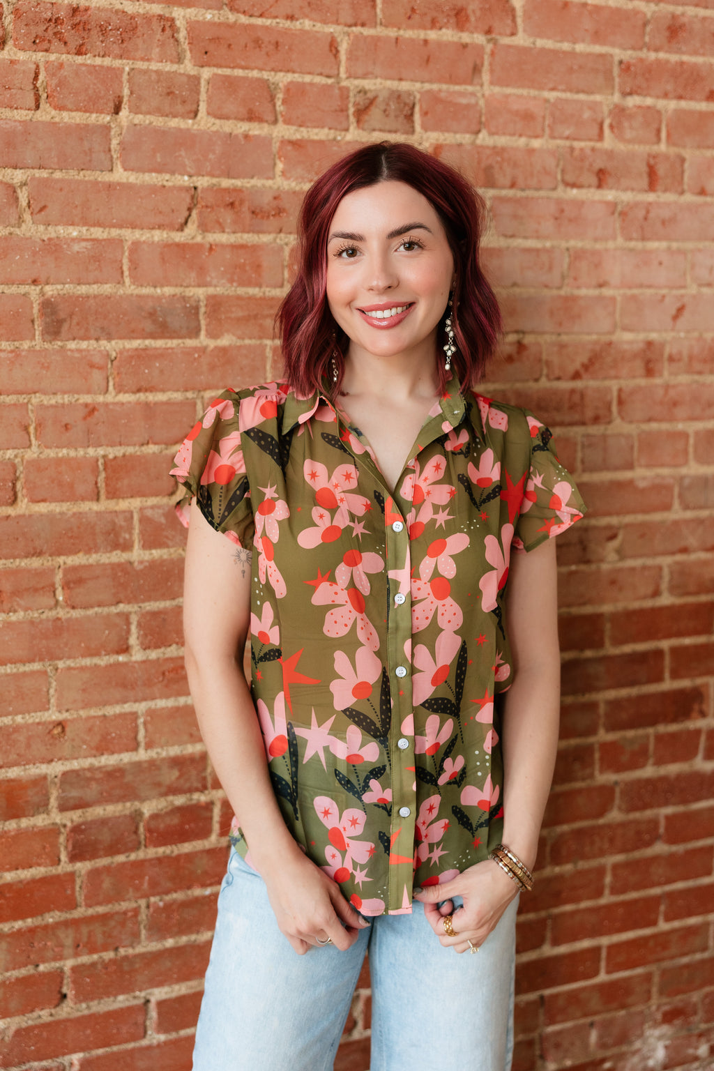 Olive Pink Flower Dot Flutter Sleeve