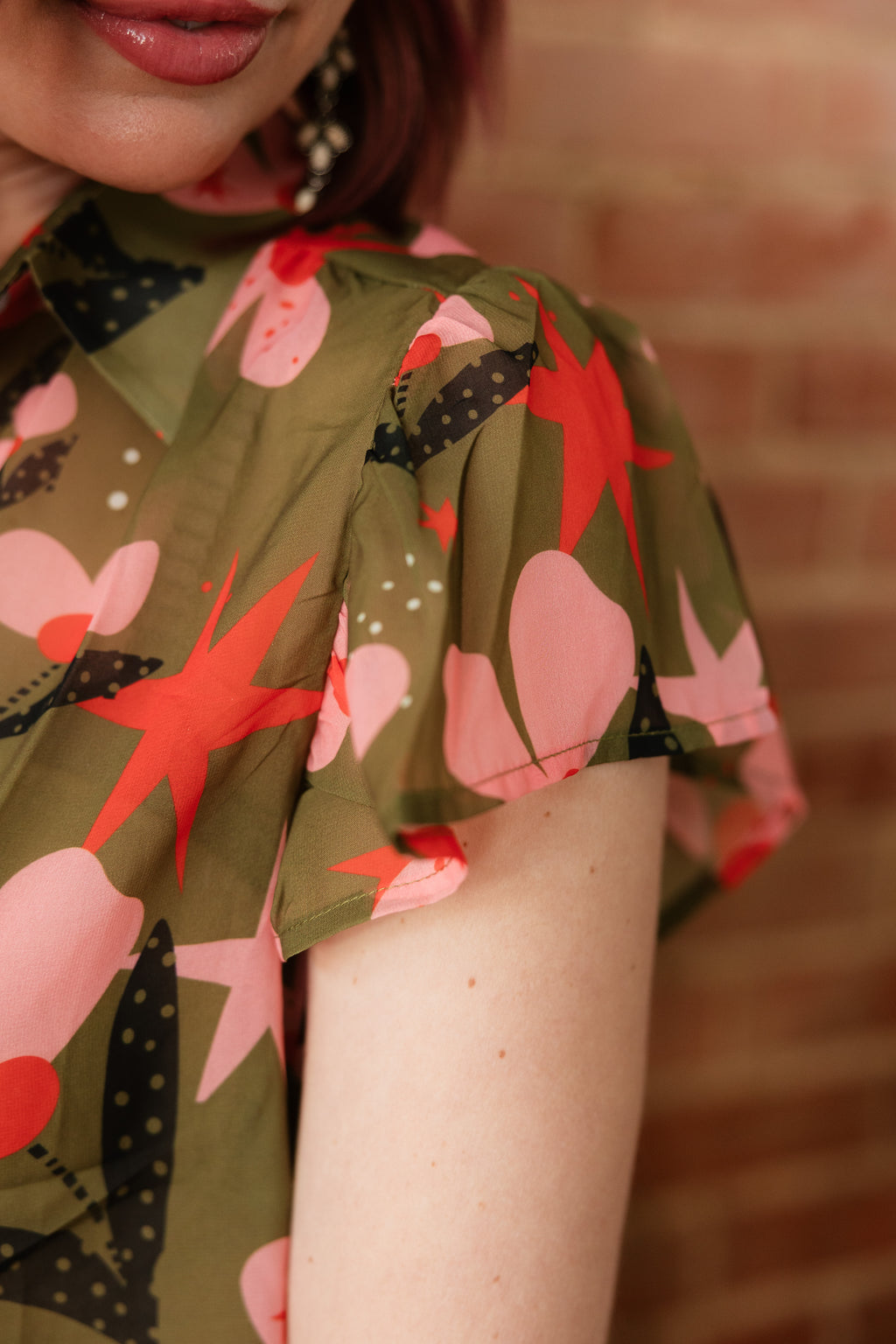 Olive Pink Flower Dot Flutter Sleeve