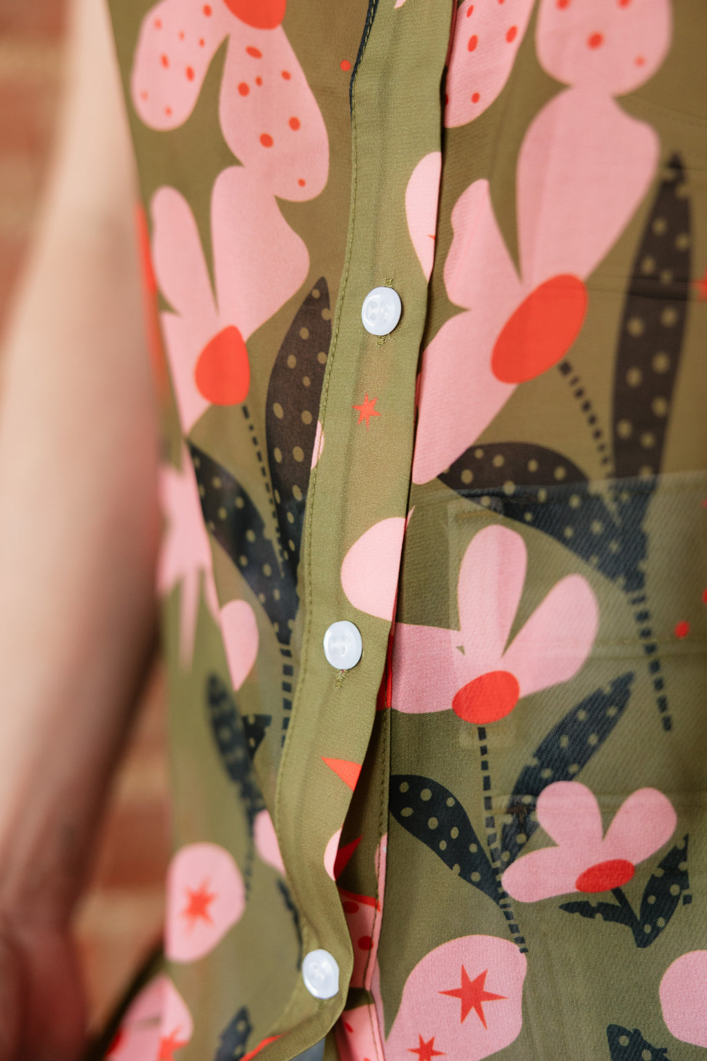 Olive Pink Flower Dot Flutter Sleeve