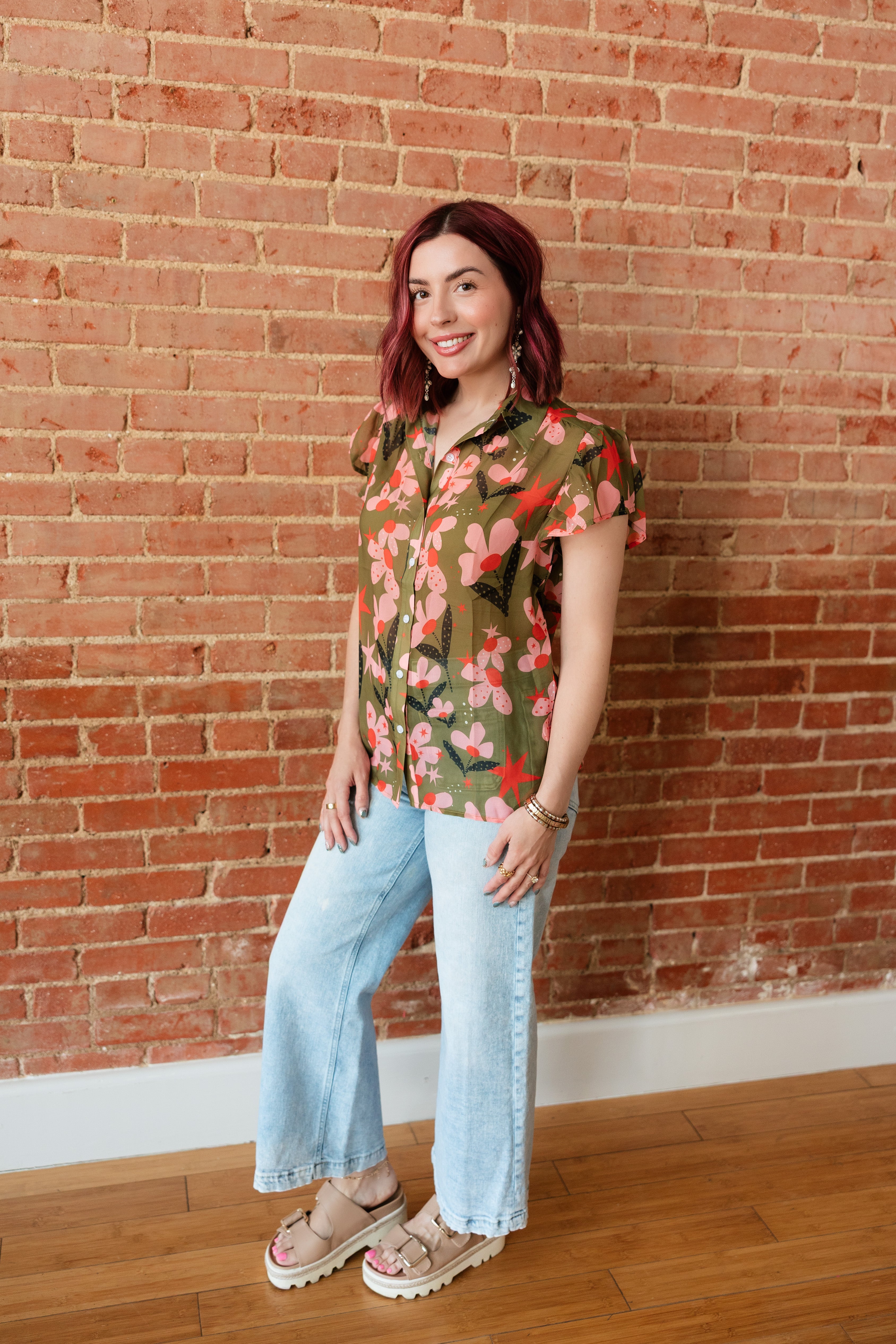 Olive Pink Flower Dot Flutter Sleeve