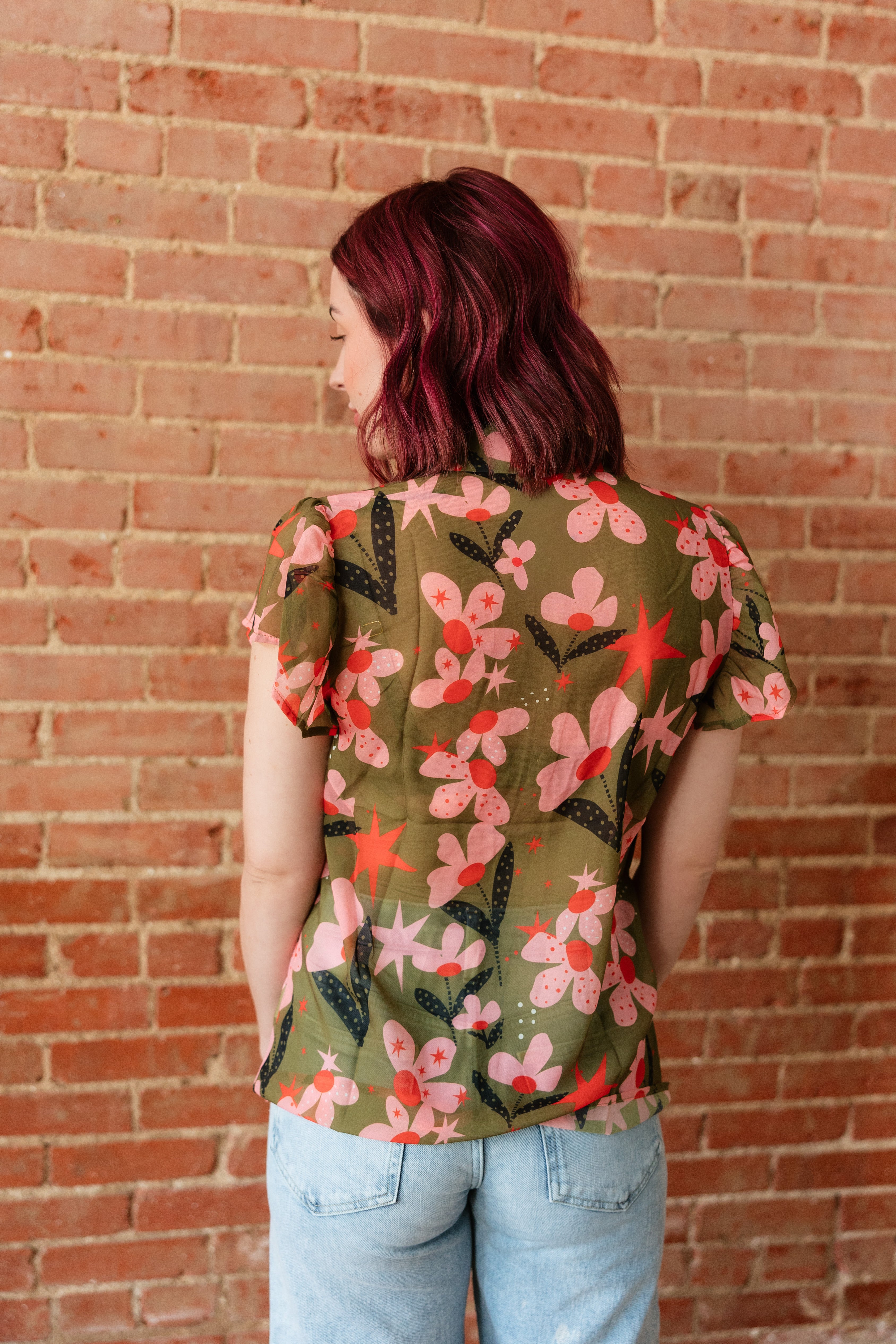 Olive Pink Flower Dot Flutter Sleeve
