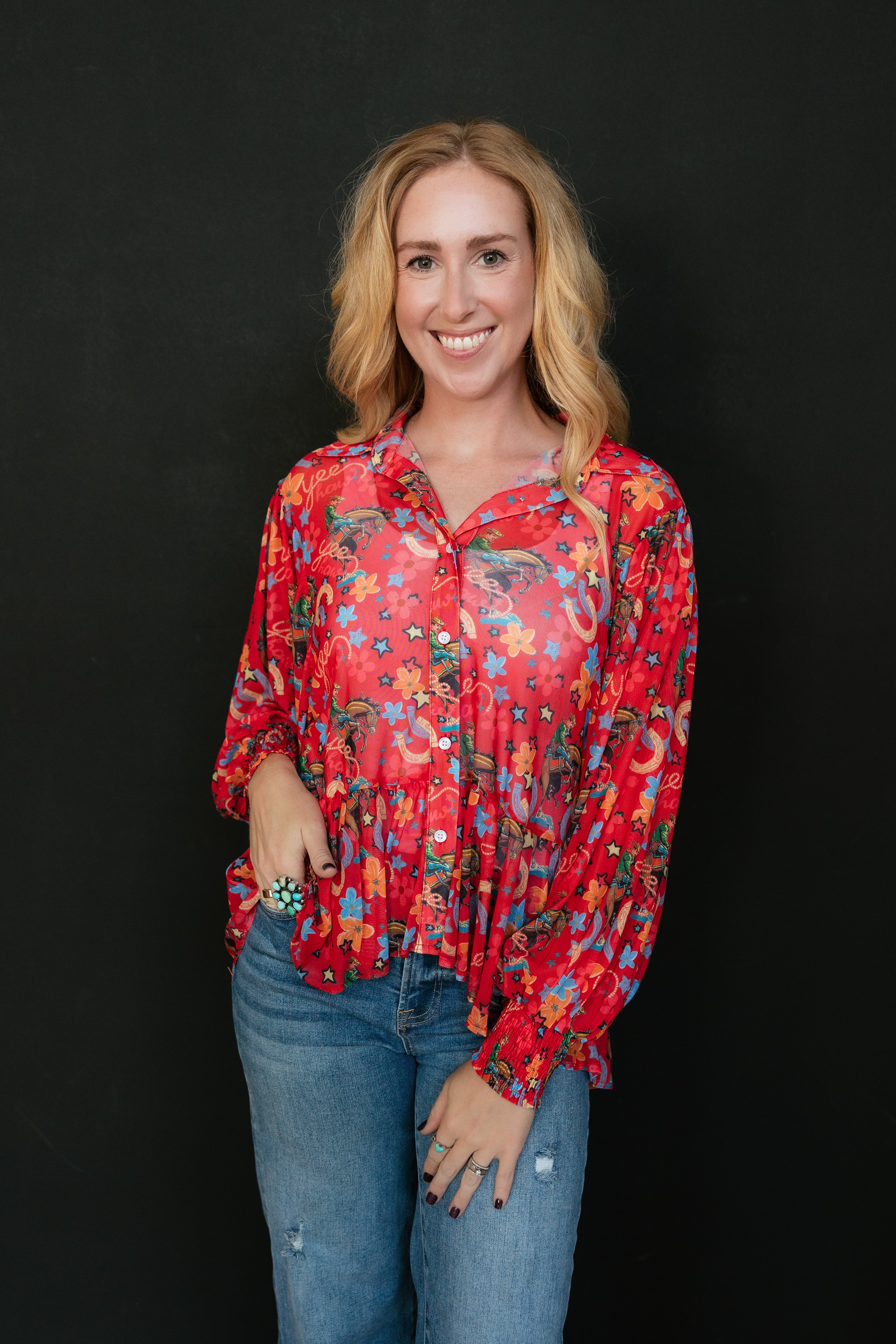 RED YEEHAW MESH BLOUSE