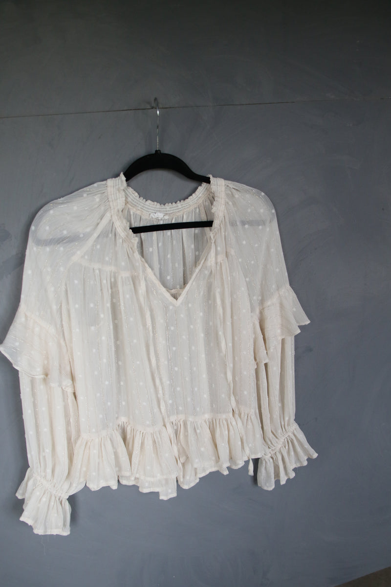 12233 IVORY CHIFFON DOT BOHO STYLE BLOUSE