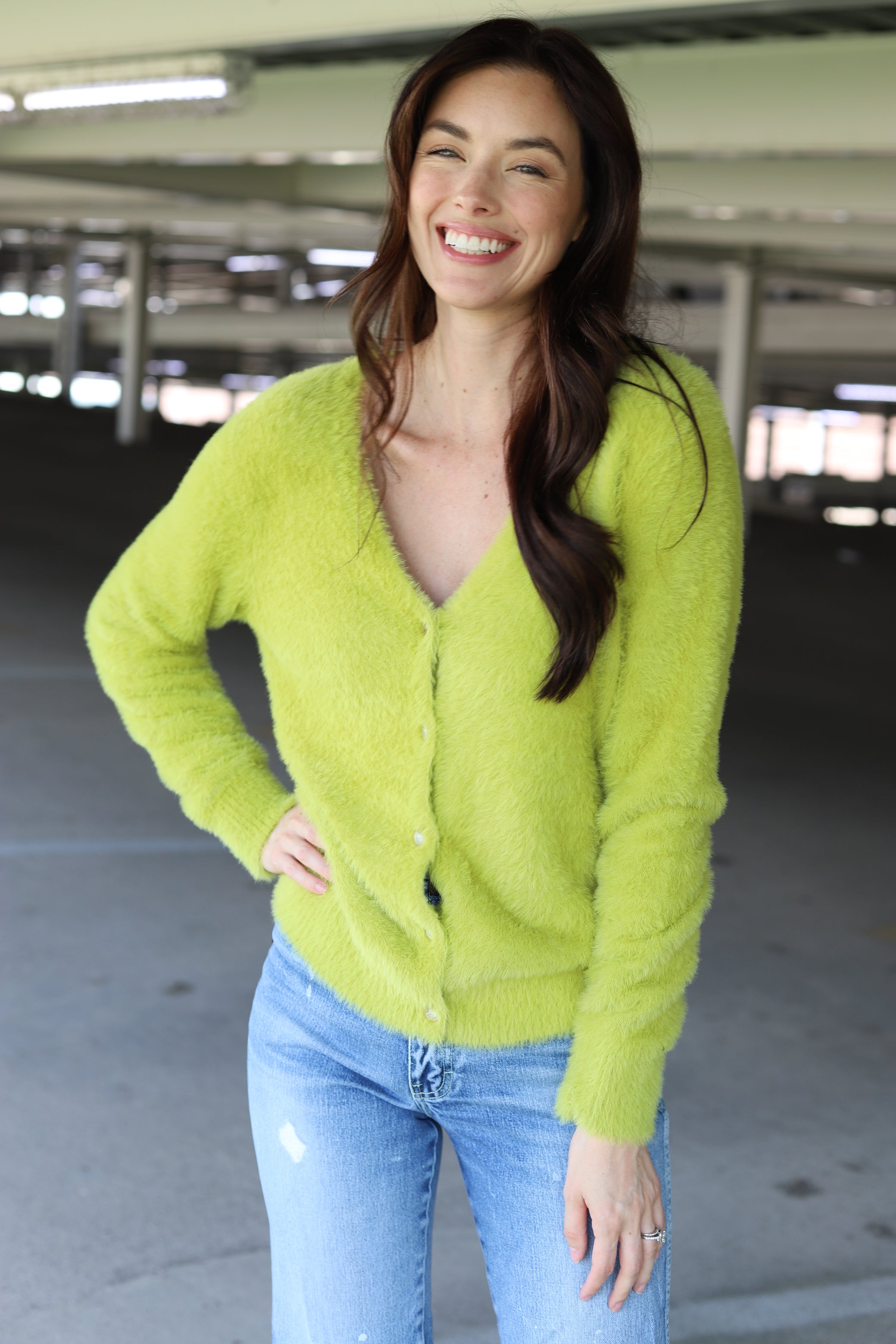 LIME LIGHT FUZZY CARDI