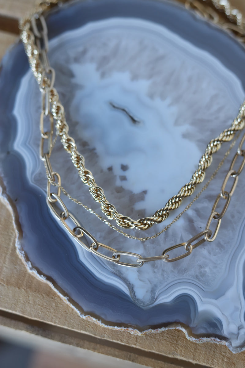 1255 DIPPED GOLD TRIPLE PAPERCLIP, ROPE, AND TWIST CHAIN NECKLACE