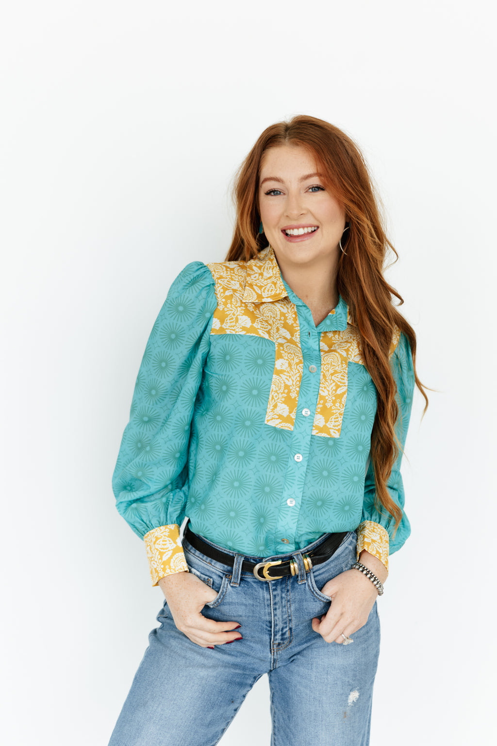 Teal Floral Abstract Button Down Blouse