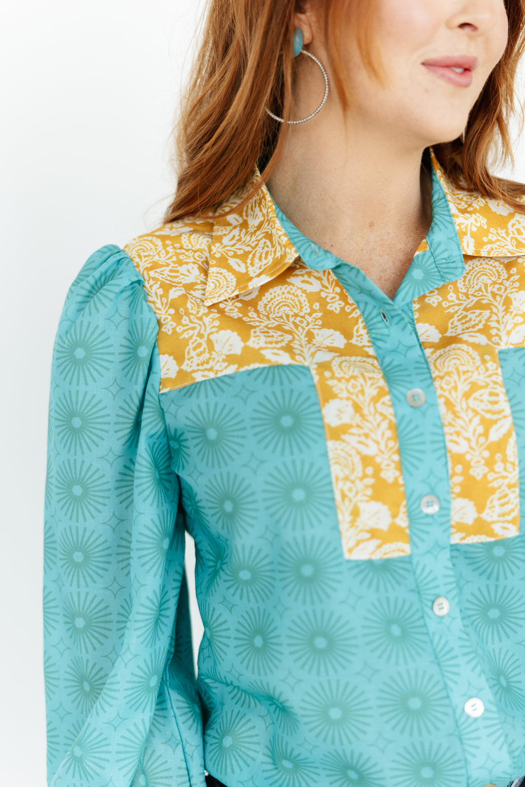 Teal Floral Abstract Button Down Blouse