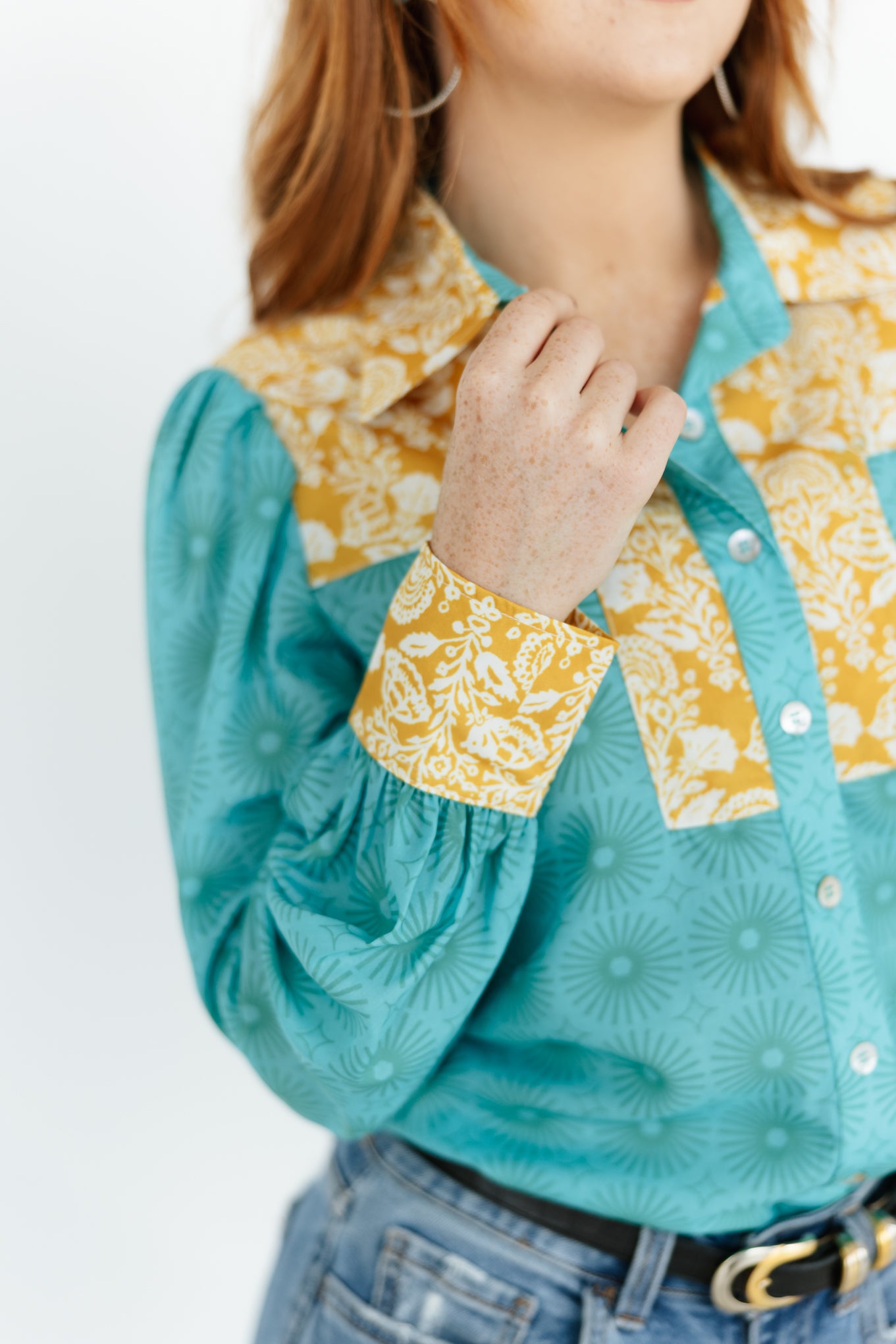 Teal Floral Abstract Button Down Blouse