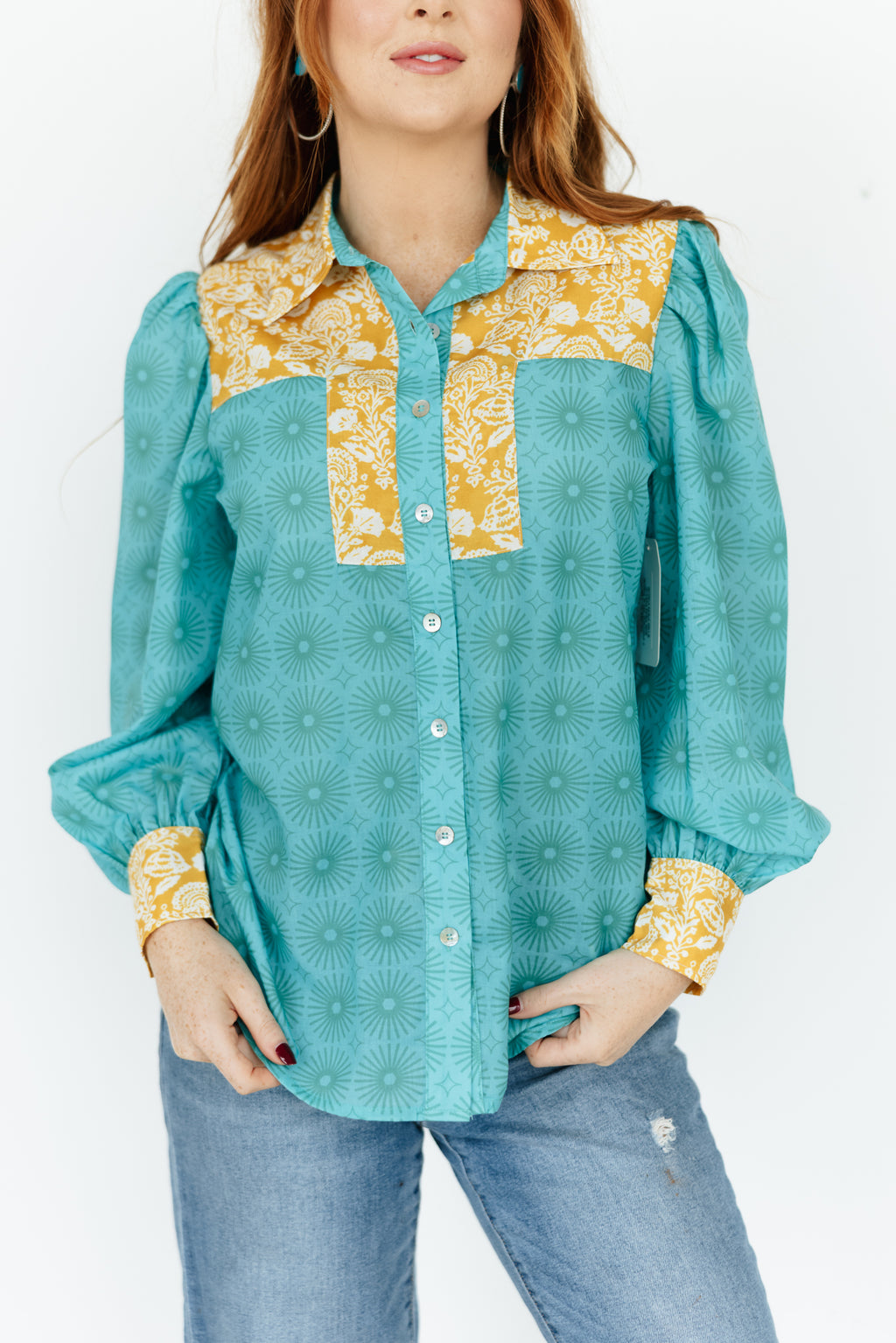 Teal Floral Abstract Button Down Blouse