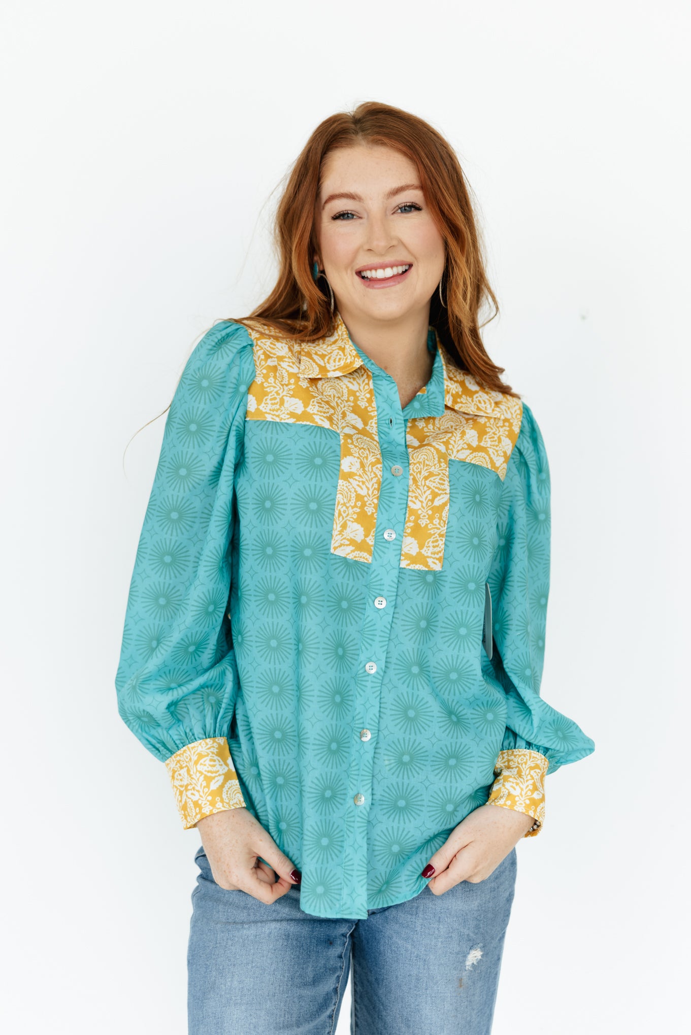 Teal Floral Abstract Button Down Blouse